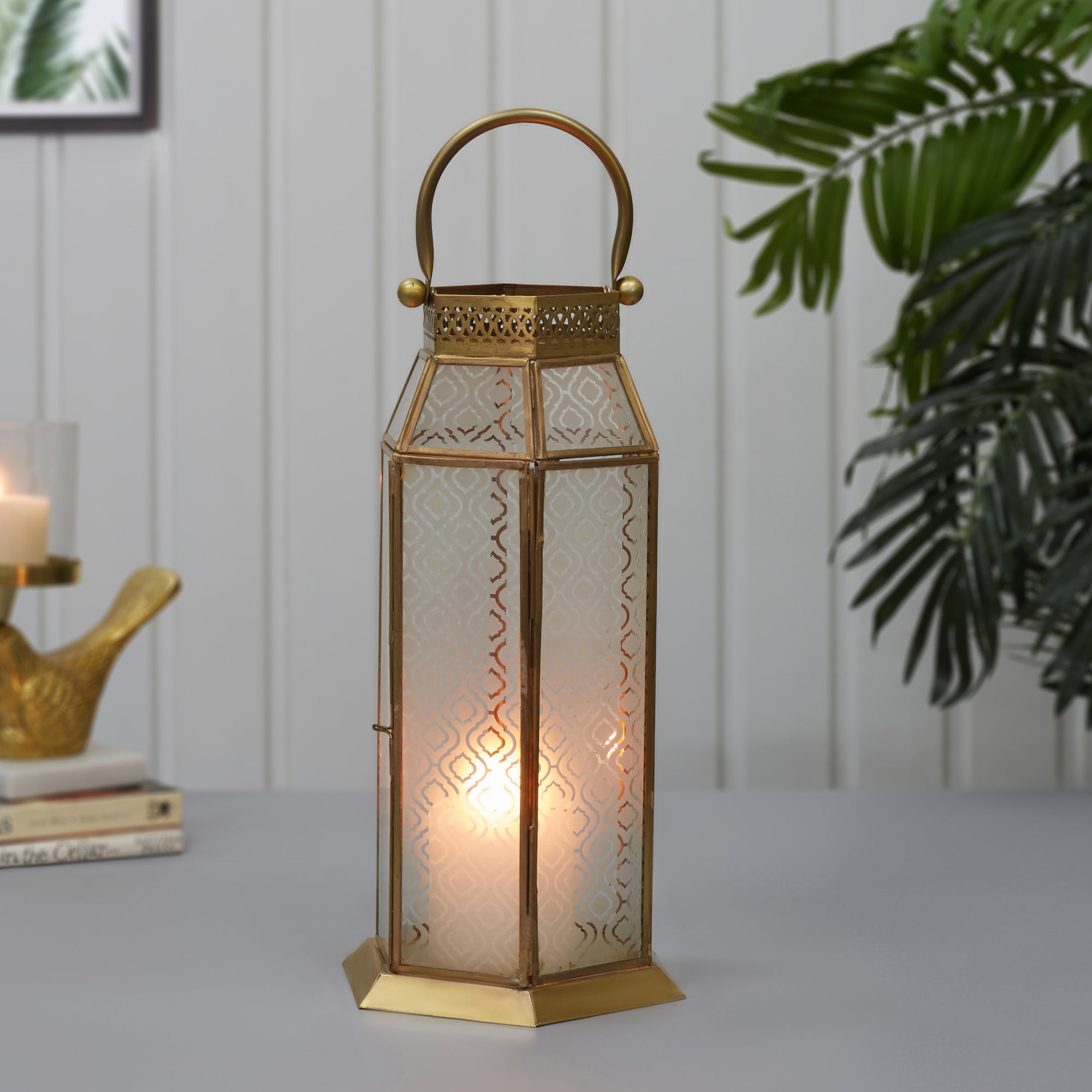 Apollo Iron and Glass Hexagon Lantern 19x37 Cm in Emerald & Gold Colour