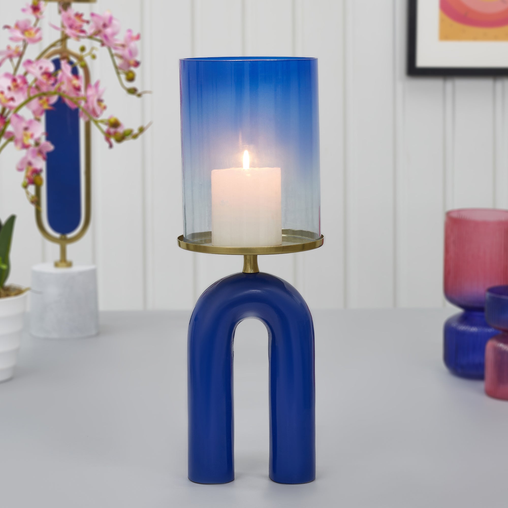 Athena Aluminium and Glass Rainbow Candle Holder 15x41 Cm in Navy Blue Colour