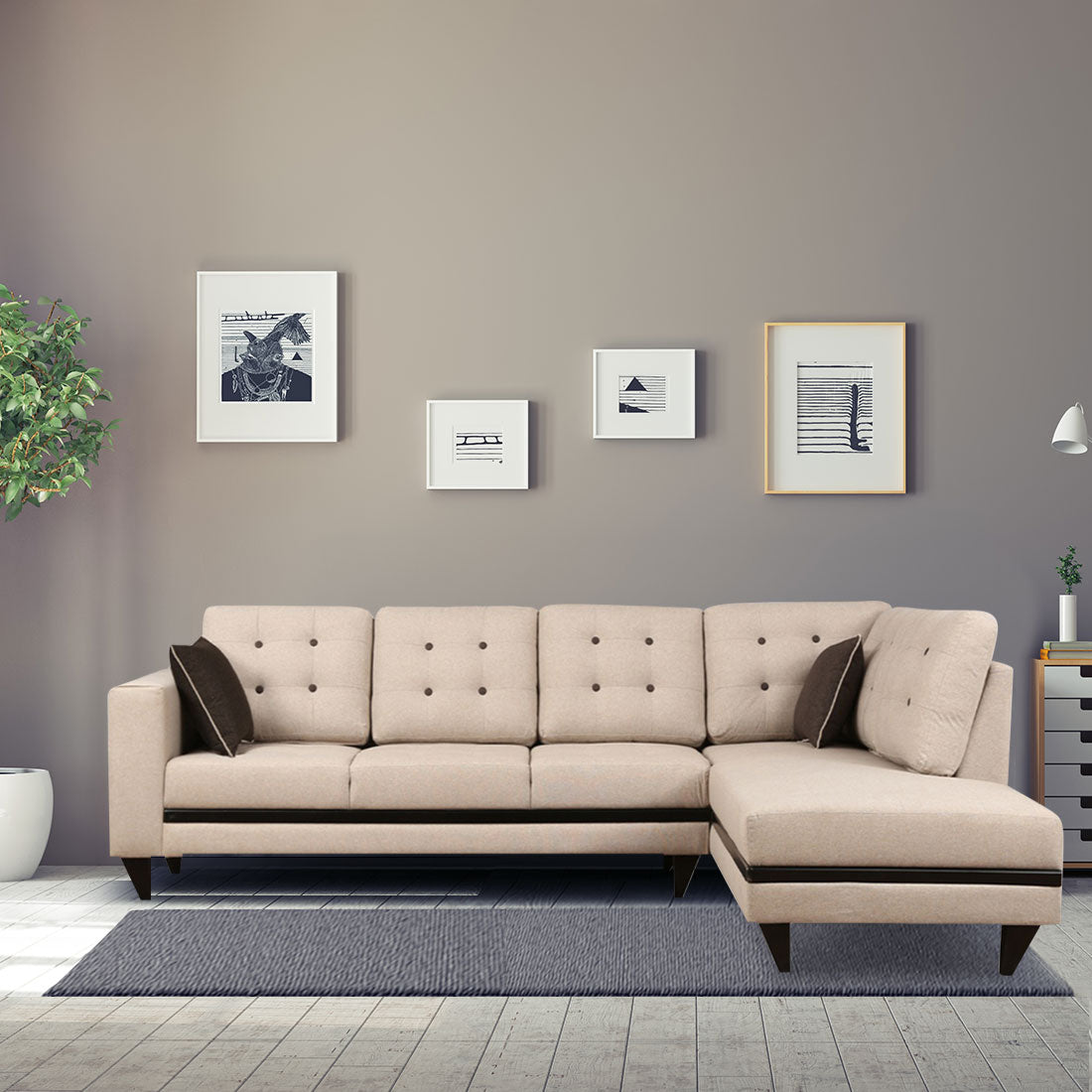 Garcia Fabric 3 Seater Sofa With Left Hand Side Lounger in Beige Colour