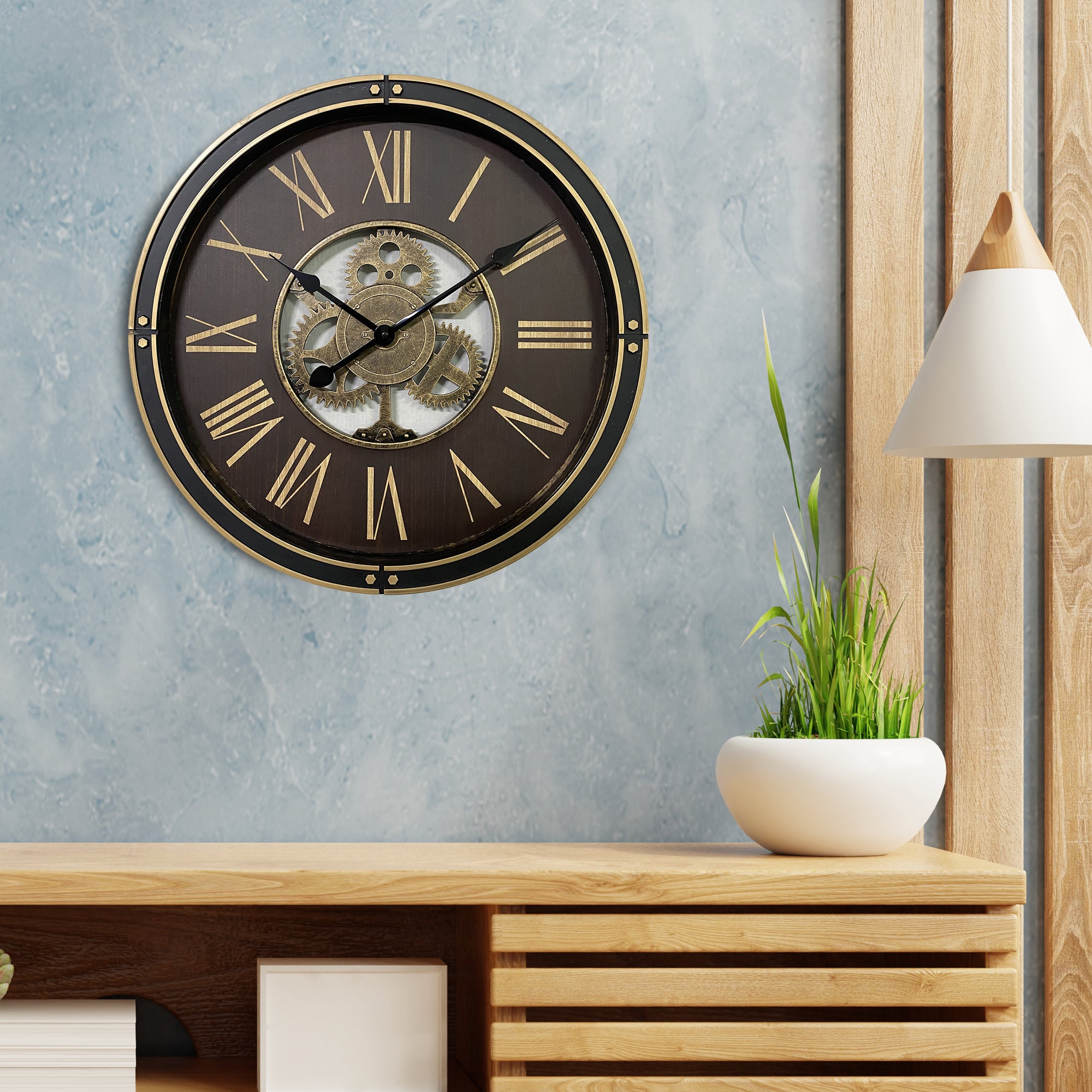 Aristo Wheels and Cogs Classic Wall Clock Wooden Finish, Diameter 50cm in Brown Colour