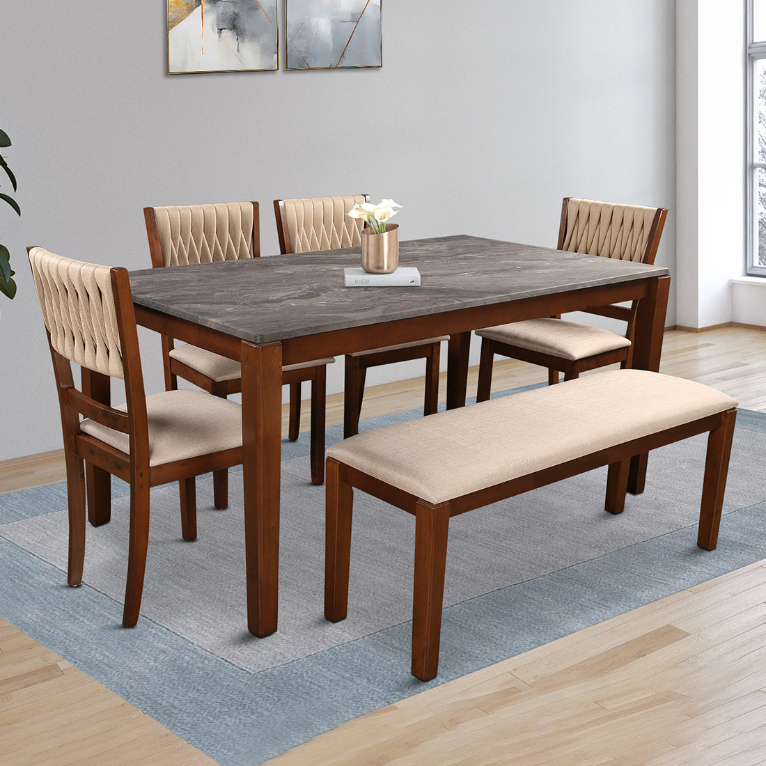 Quest Marble Top Six Seater Dining Set With Bench in Walnut Colour