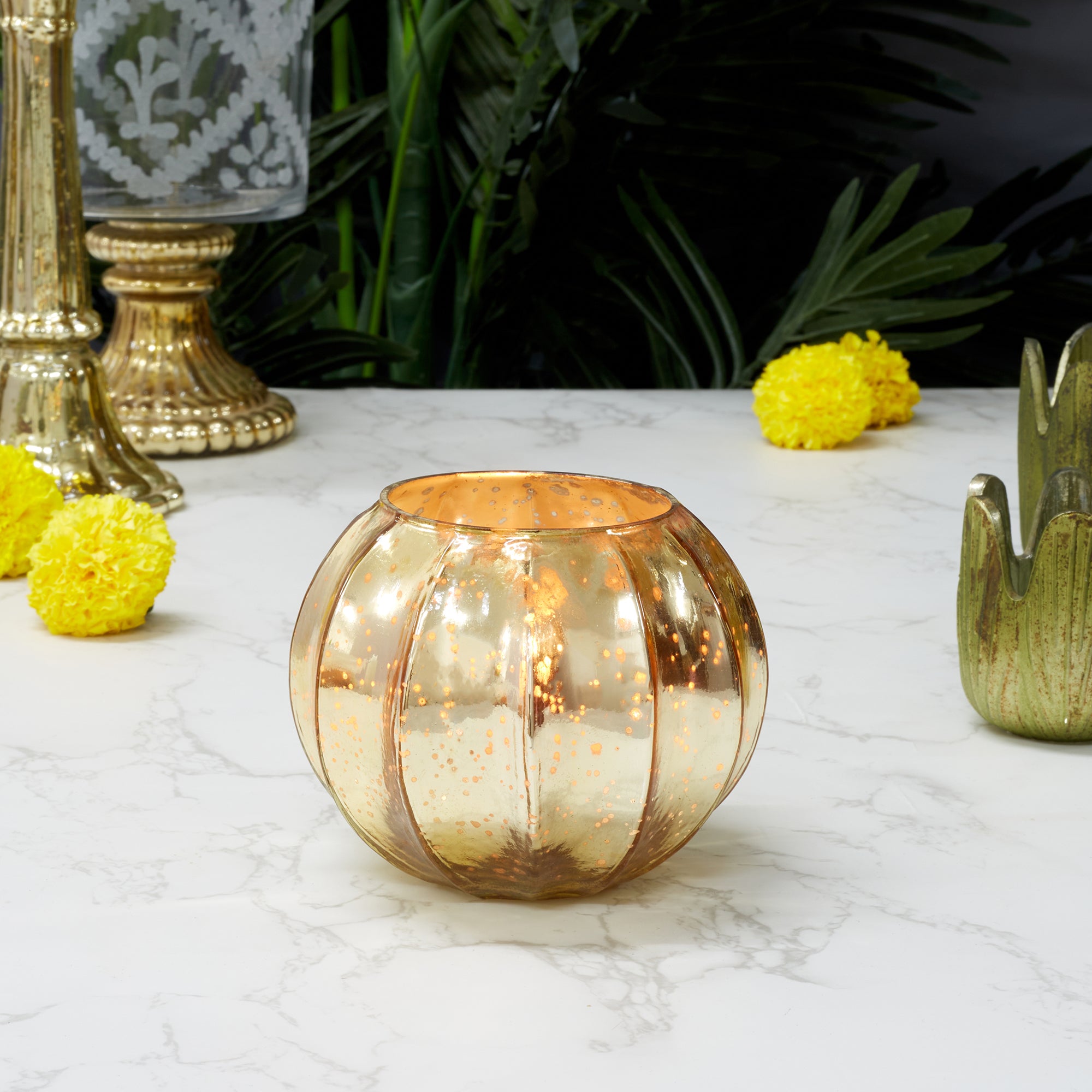Phiona Glass Pumpkin Handcrafted Mercury Votive 10 Cm in Gold Colour