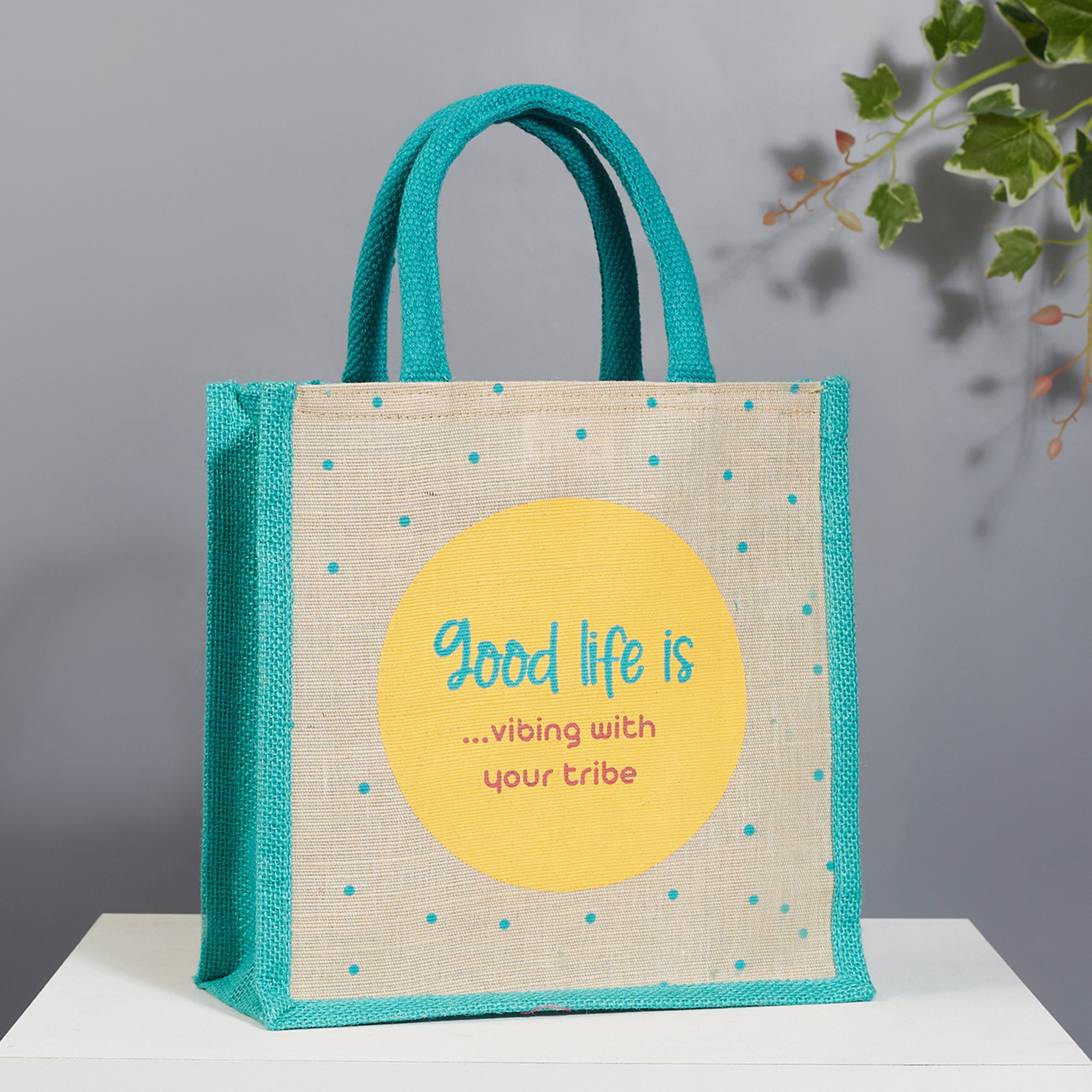 Good Life Jute Reversible Wanderlust Printed Lunch Bag 25.5 x 25.5 Cm in Turq Colour