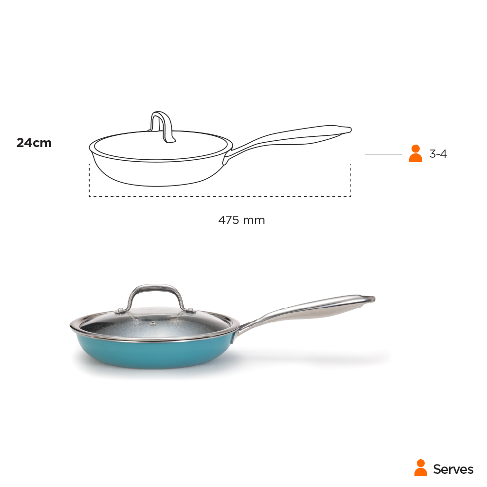 Vida Triply Frypan 24cm Teal with Glass Lid