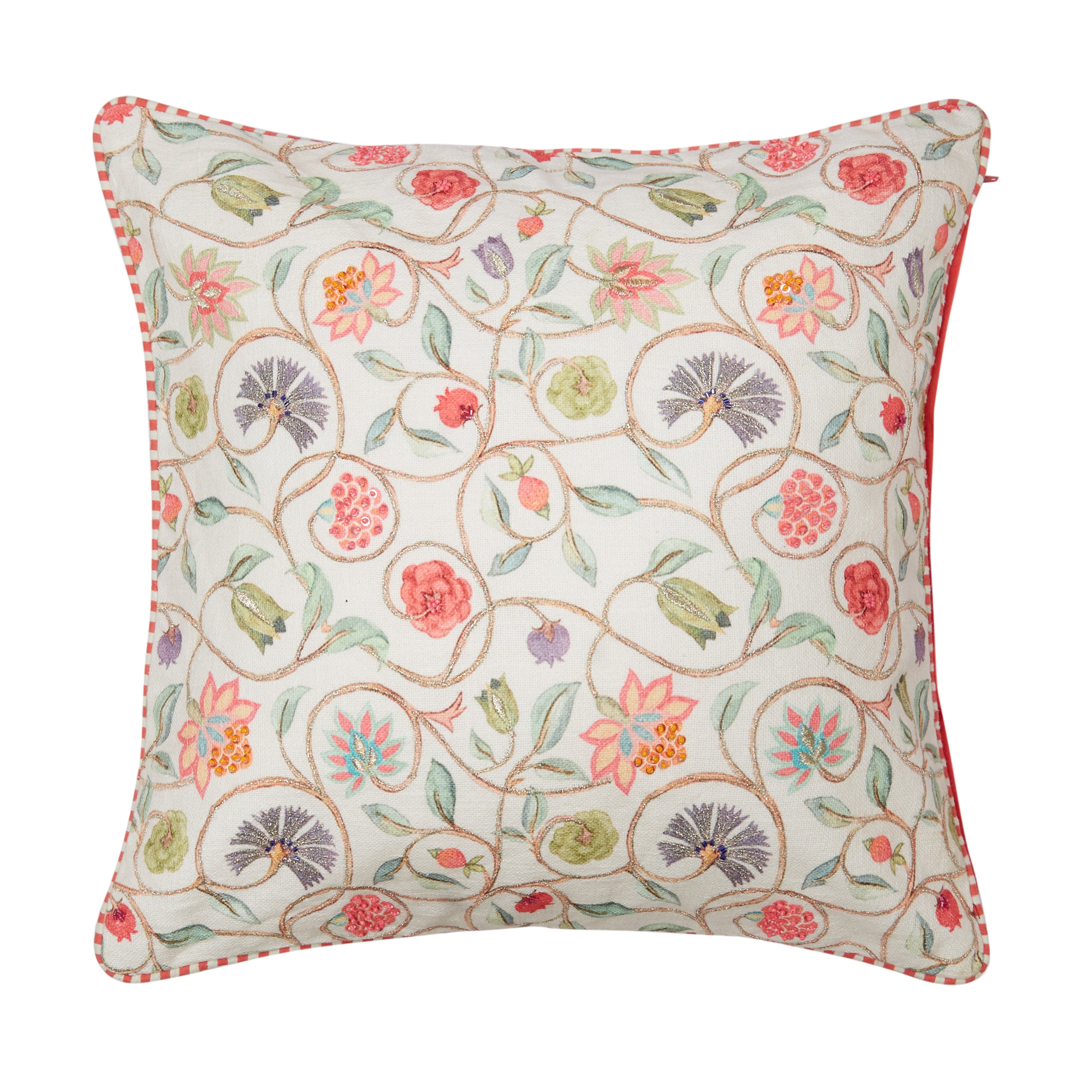 Indian Botanical Cotton Cushion Cover 45x45 cm in Multi Pink Colour