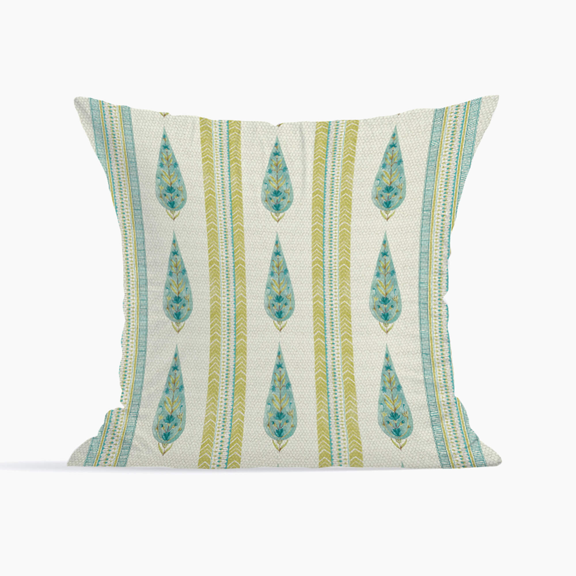 Indian Botanical Reversible Stripe Digital Printed Cushion Cover 40x40 Cm in Aqua Colour