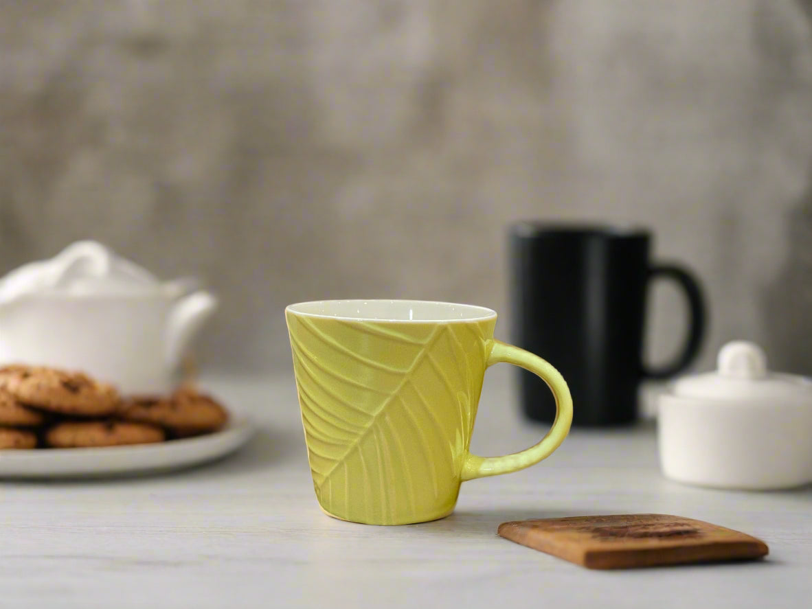 Living Essence Embossed Bone China Mug 320ml Set of 2Pcs in Green Colour