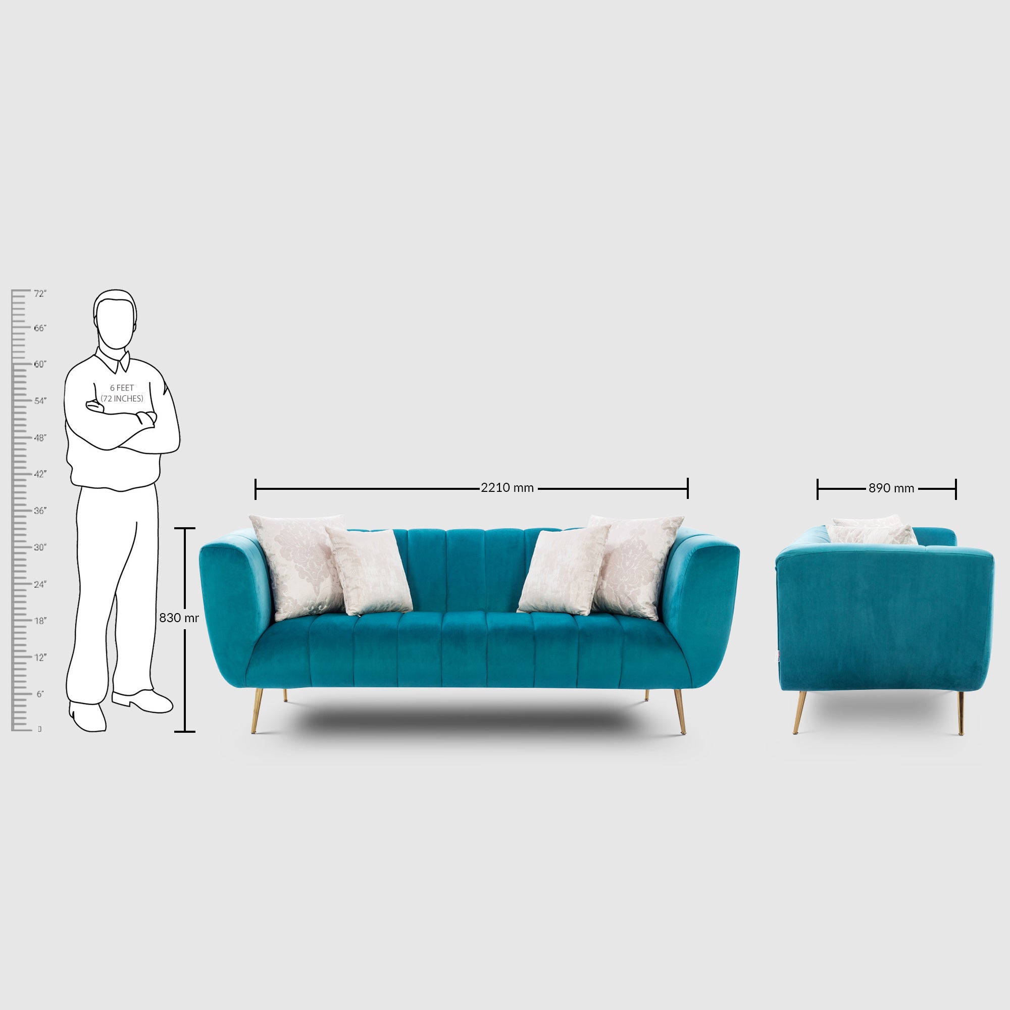 Catalina Velvet Three Seater Sofa in Teal Colour