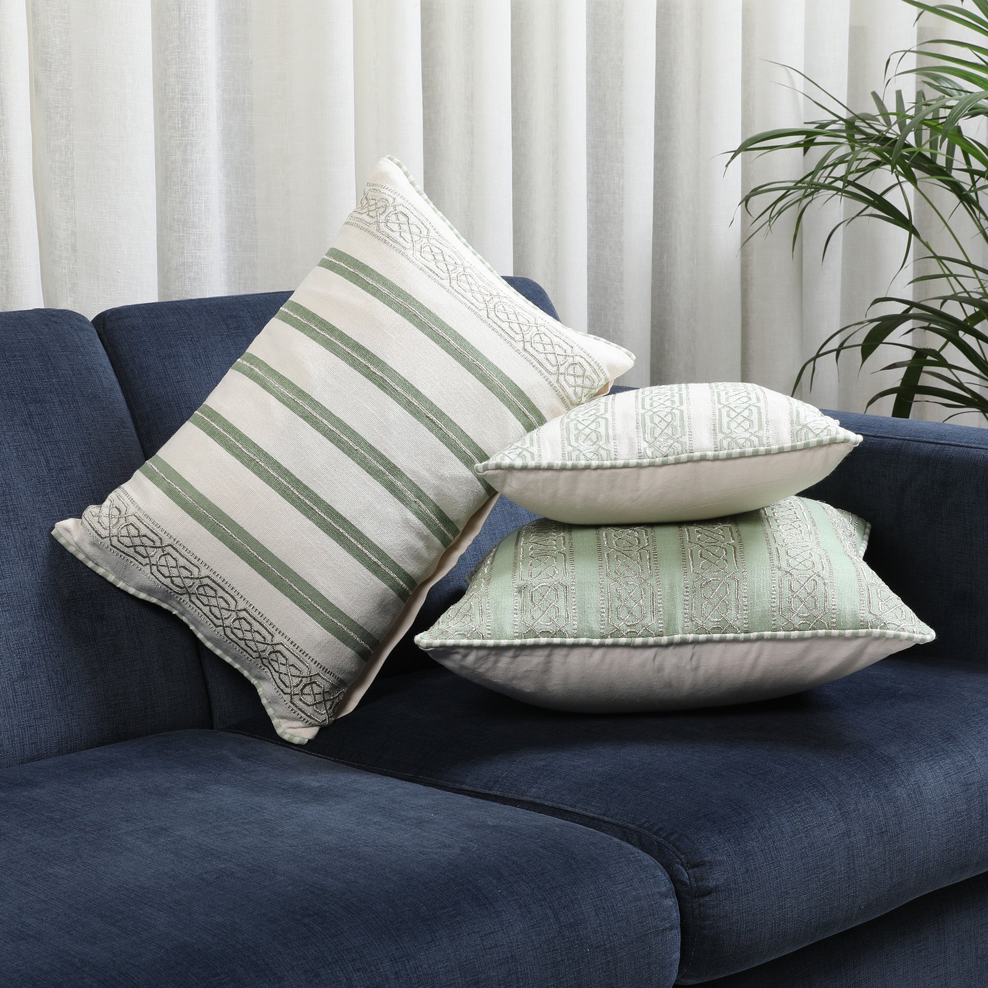 Indian Botanical Cotton Cushion Cover 30x30 cm in Sage Border Print