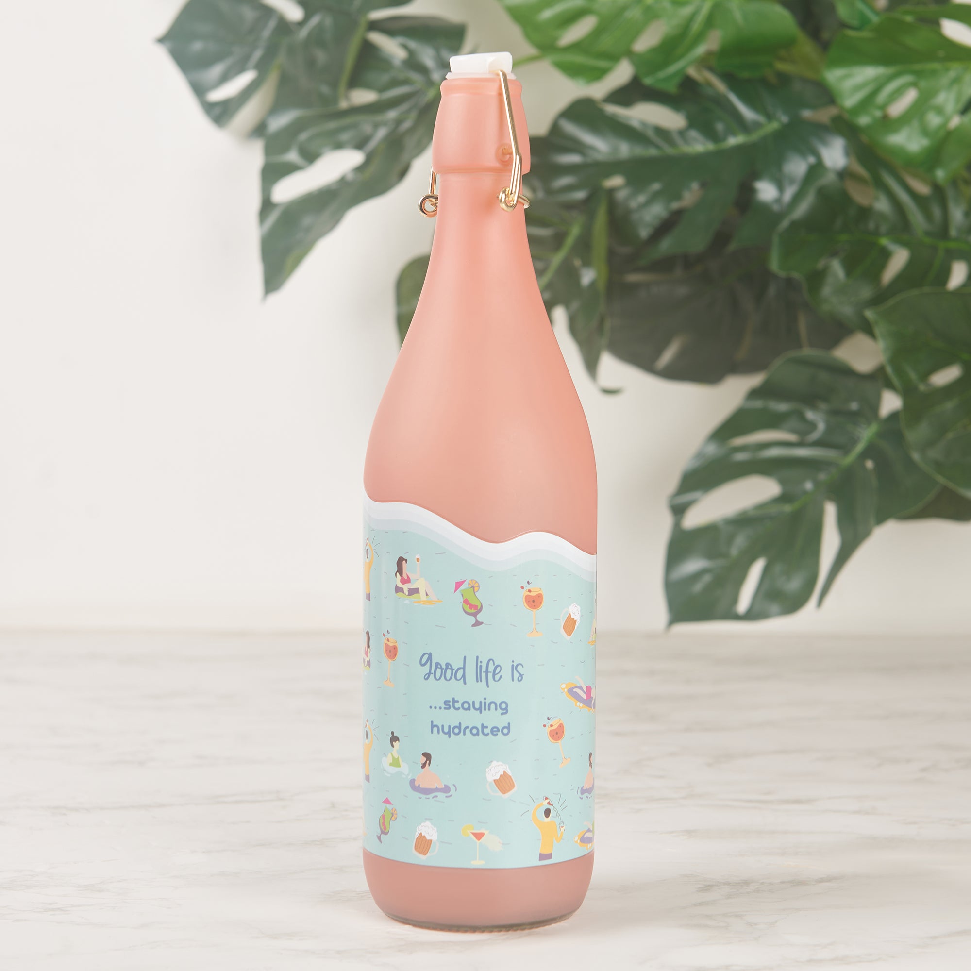 Good Life Glass Frosted Bottle 1 Ltr in Pink Colour