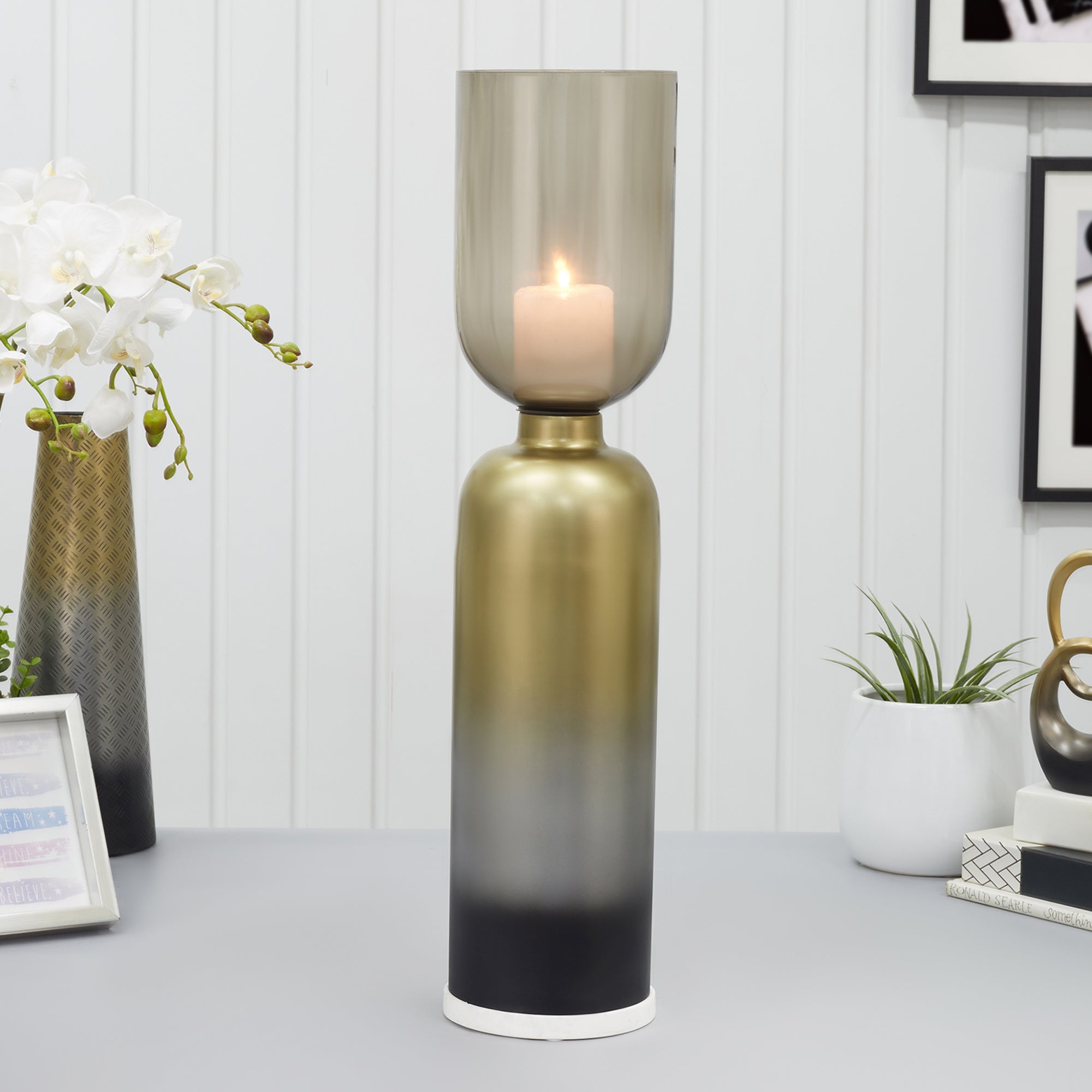 Zeus Iron and Glass Ombre Floor Hurricane 20x76 Cm in Antique Gold & Black Colour