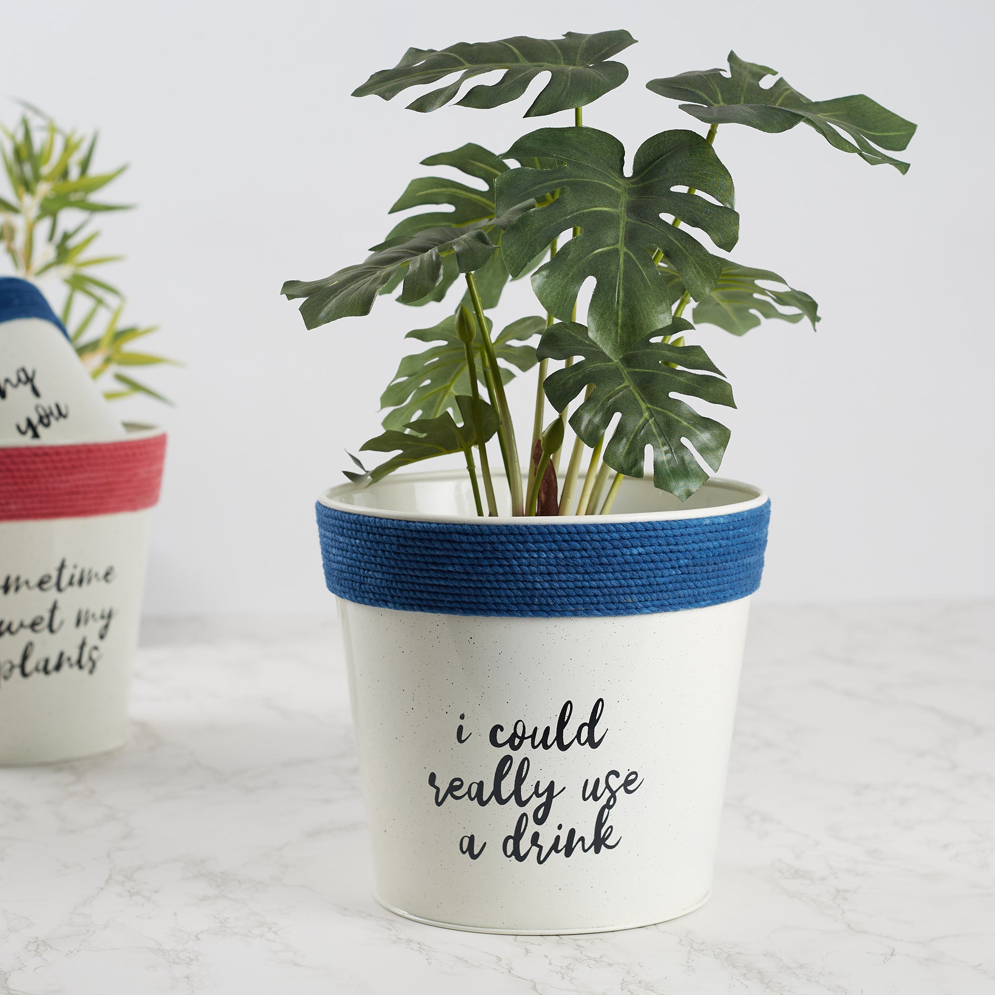 Pep Pop Metal Funky Quote Planter 19Cm in Off White & Indigo Colour
