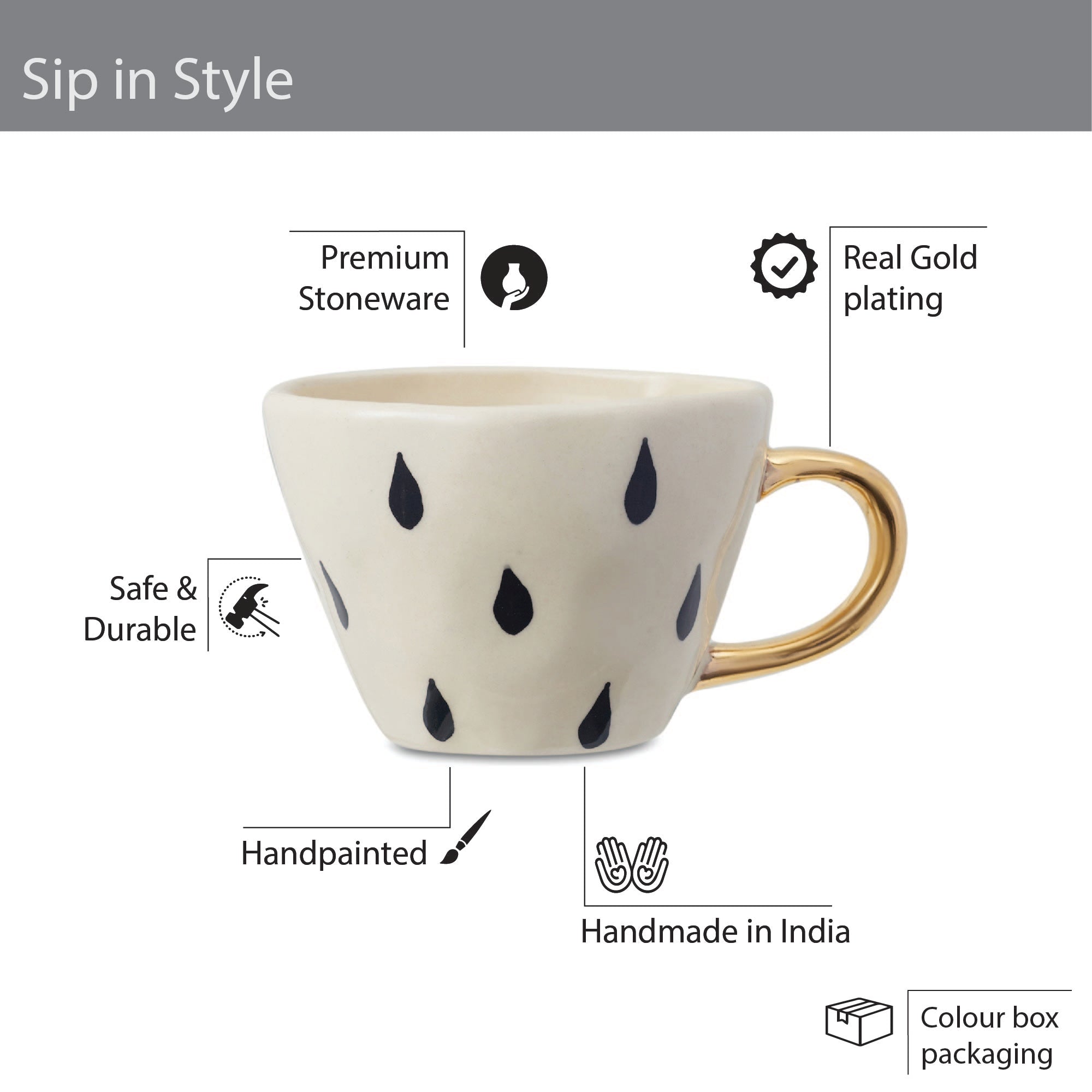 Fiesta Studio Pottery Droplet Tea Mug 250 ML Set of 4 with Real Gold Plating in Black & White Colour