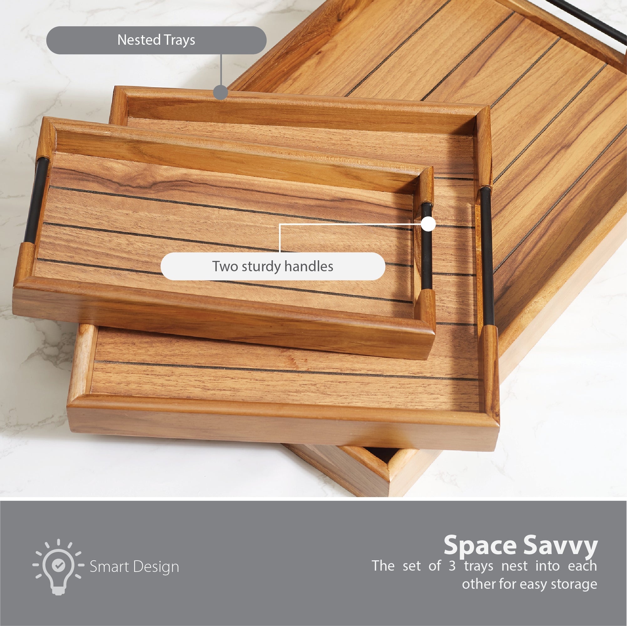 Beautiful Kitchen Metal and Wood Serving Tray Set of 3 in Brown Colour