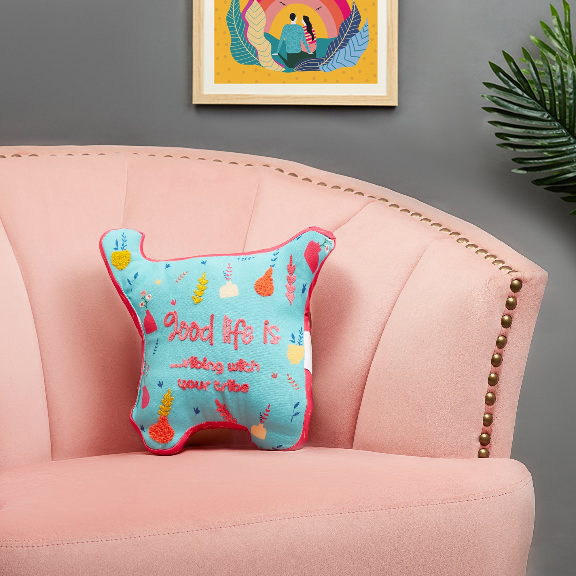 Good Life  Reversible Van Digital Printed Shaped Cushion 26x36 Cm in Aqua Colour