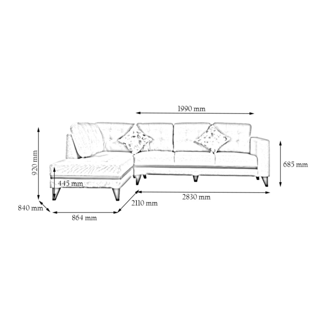 Garcia Fabric 5 Seater Sofa with Right Hand Side Lounger in Grey Colour