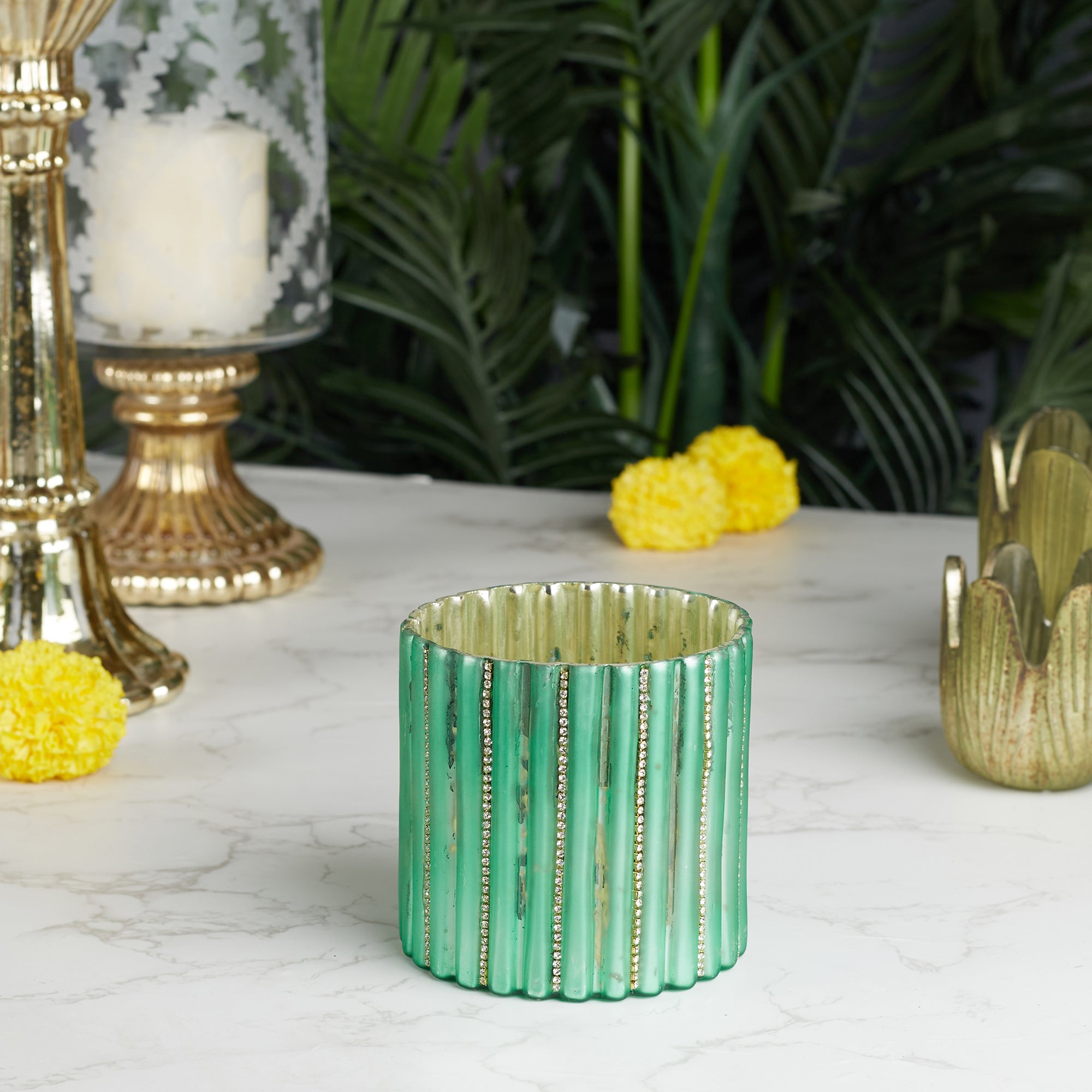 Phiona Glass Diamond Stud Handcrafted Votive 10 Cm in Emerald Colour