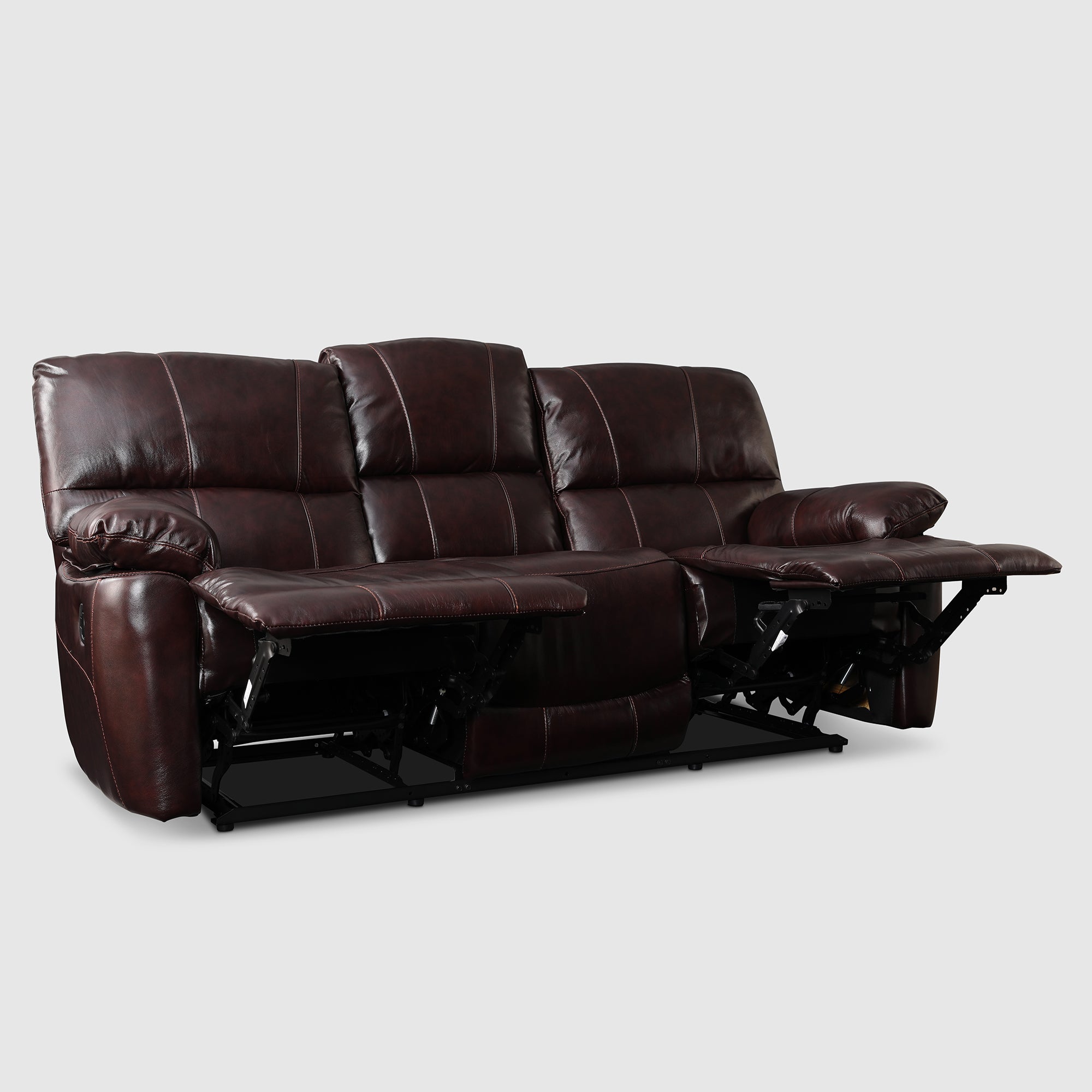 Charles Half Leather Three Seater Recliner in Burgundy Colour