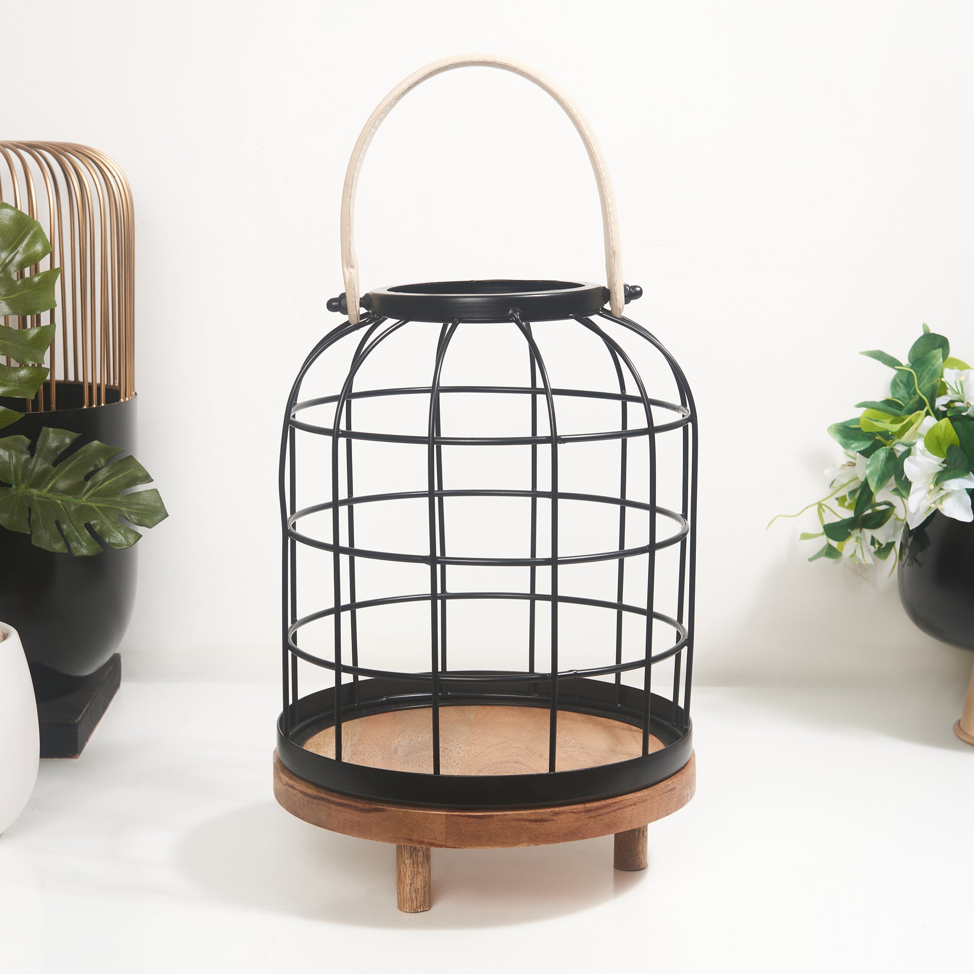 Sovereign Iron and Wood Jali Hanging Lantern 23x34Cm in Black Colour