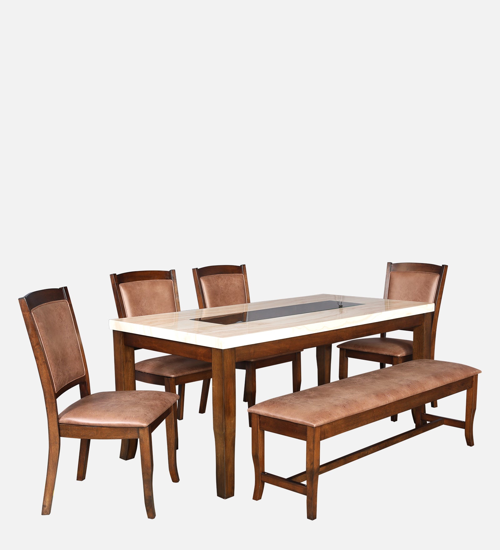 Nexus Marble Finish Six Seater Dining Set With Bench in Antique Cherry Colour