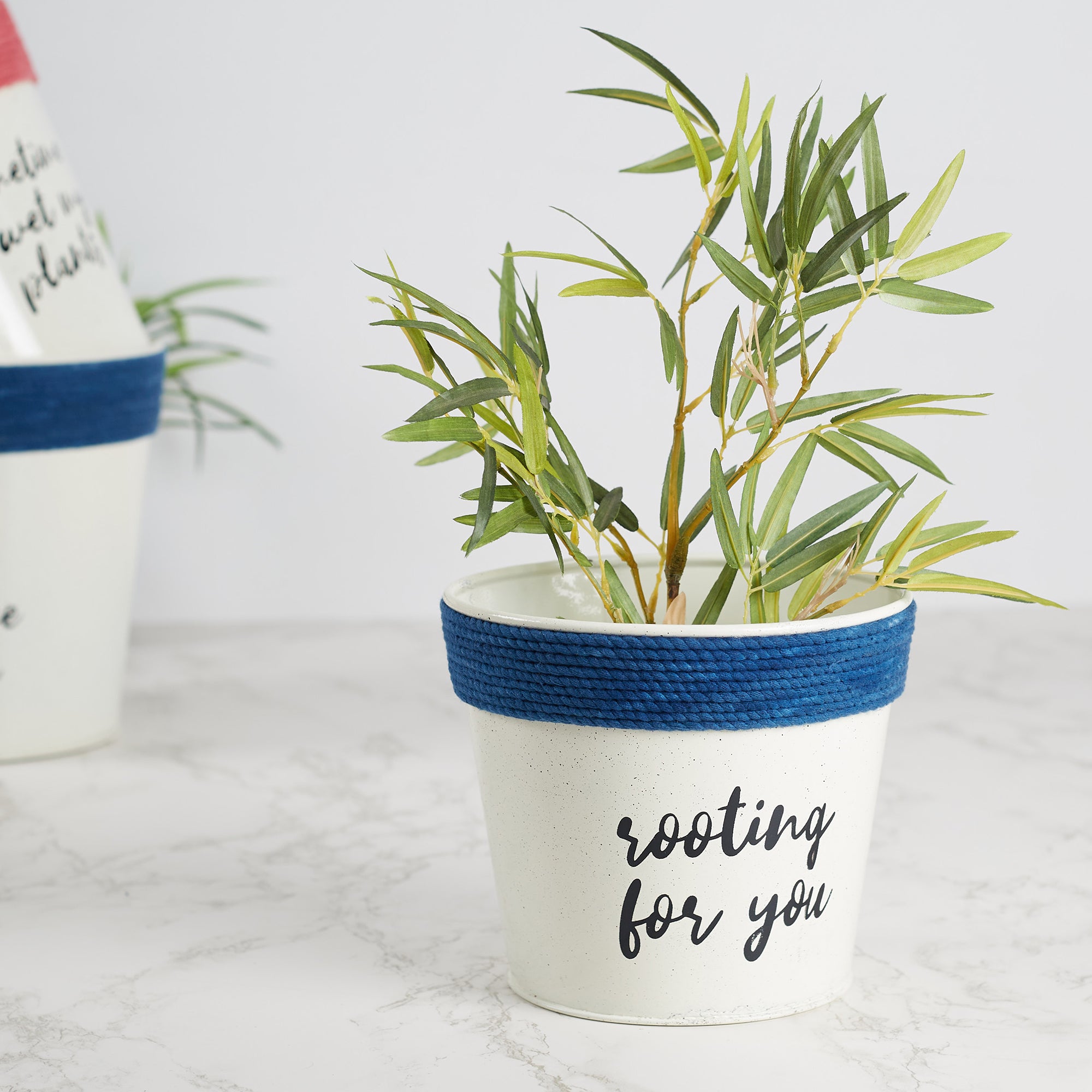Pep Pop Metal Funky Quote Planter 14Cm in Off White & Indigo Colour