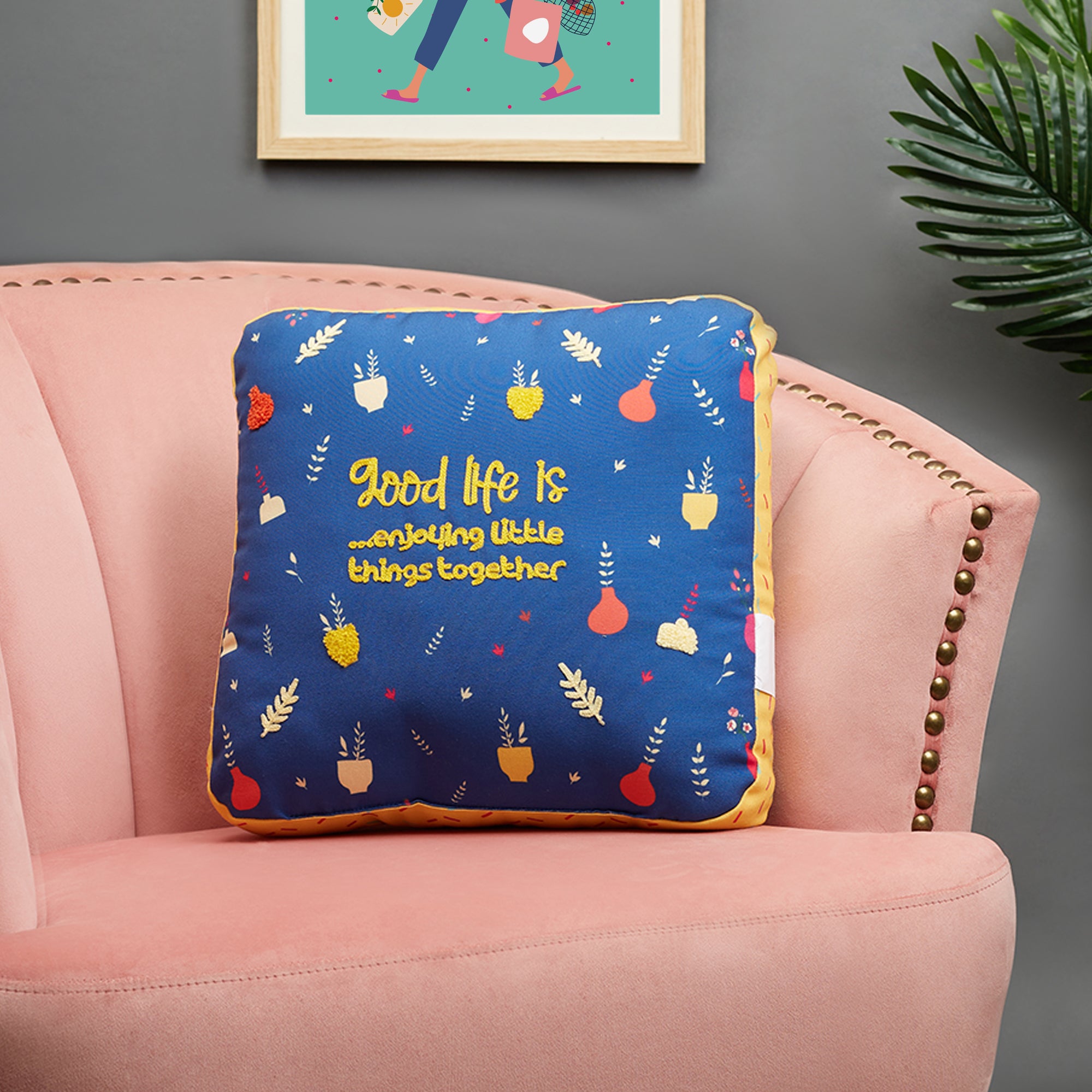 Good Life  Reversible Little Things Digital Printed Shaped Cushion 40x40 Cm in Navy Colour
