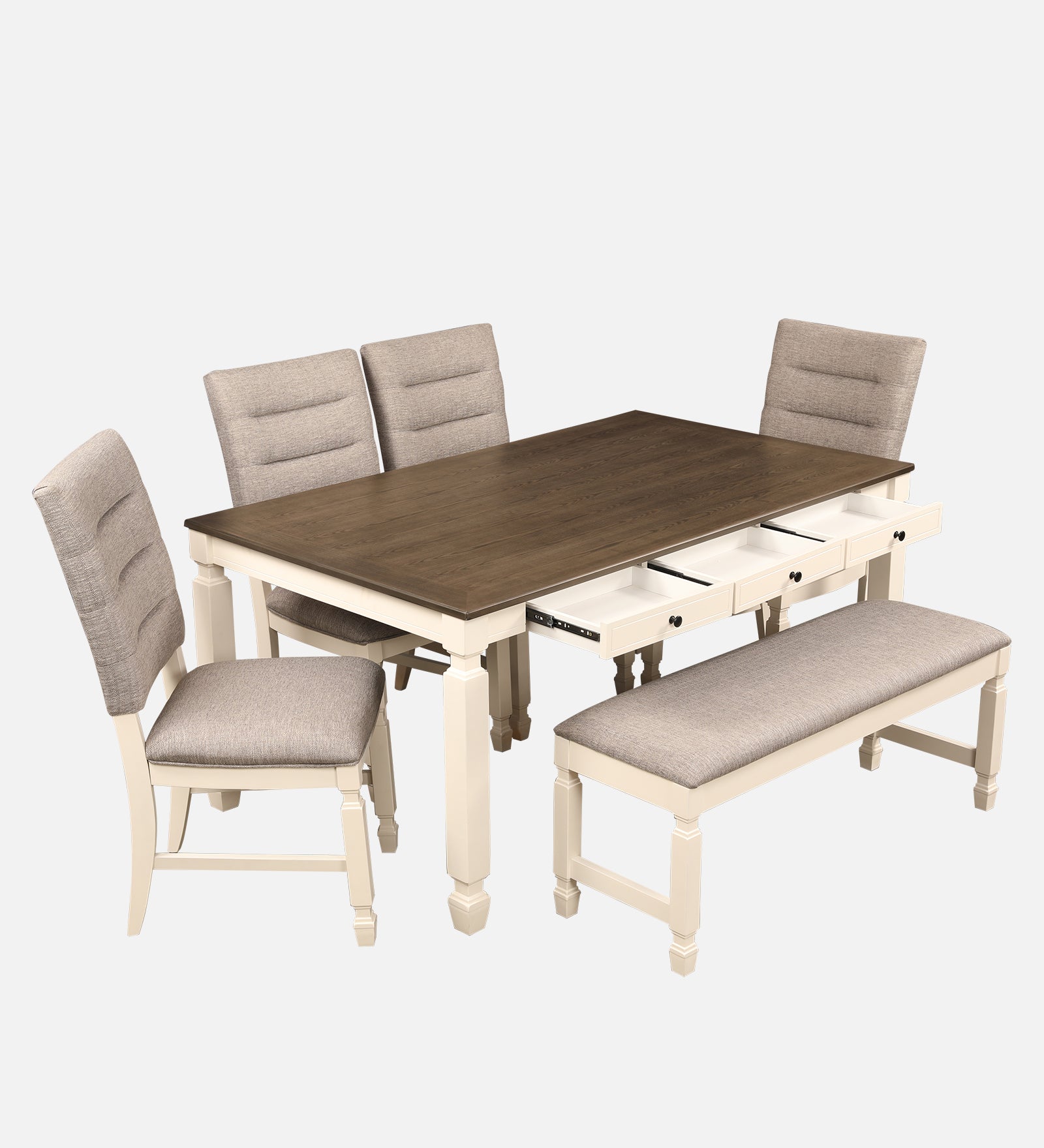 Wisp Rubber Wood Six Seater Dining Set With Bench in Antique White Colour