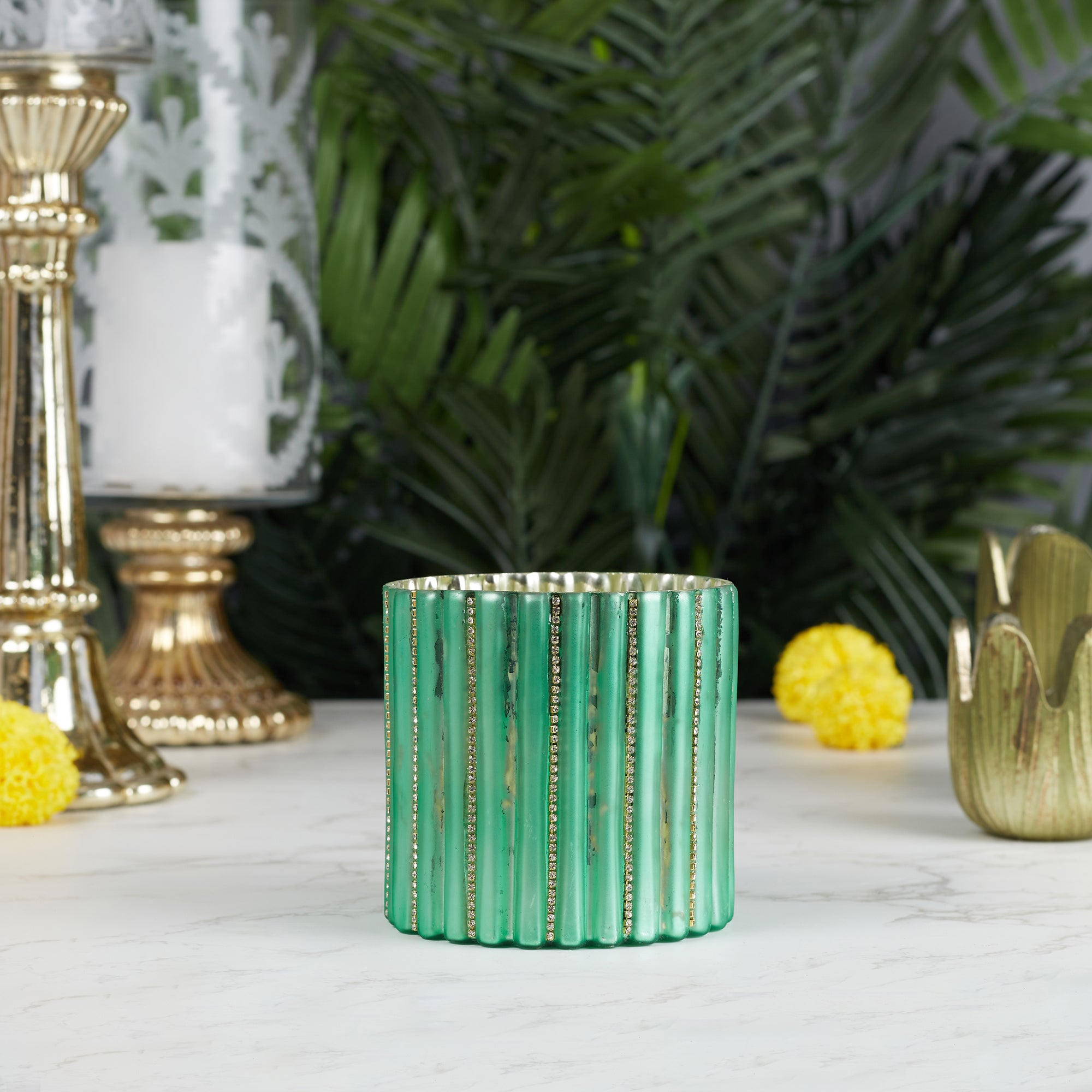Phiona Glass Diamond Stud Handcrafted Votive 10 Cm in Emerald Colour