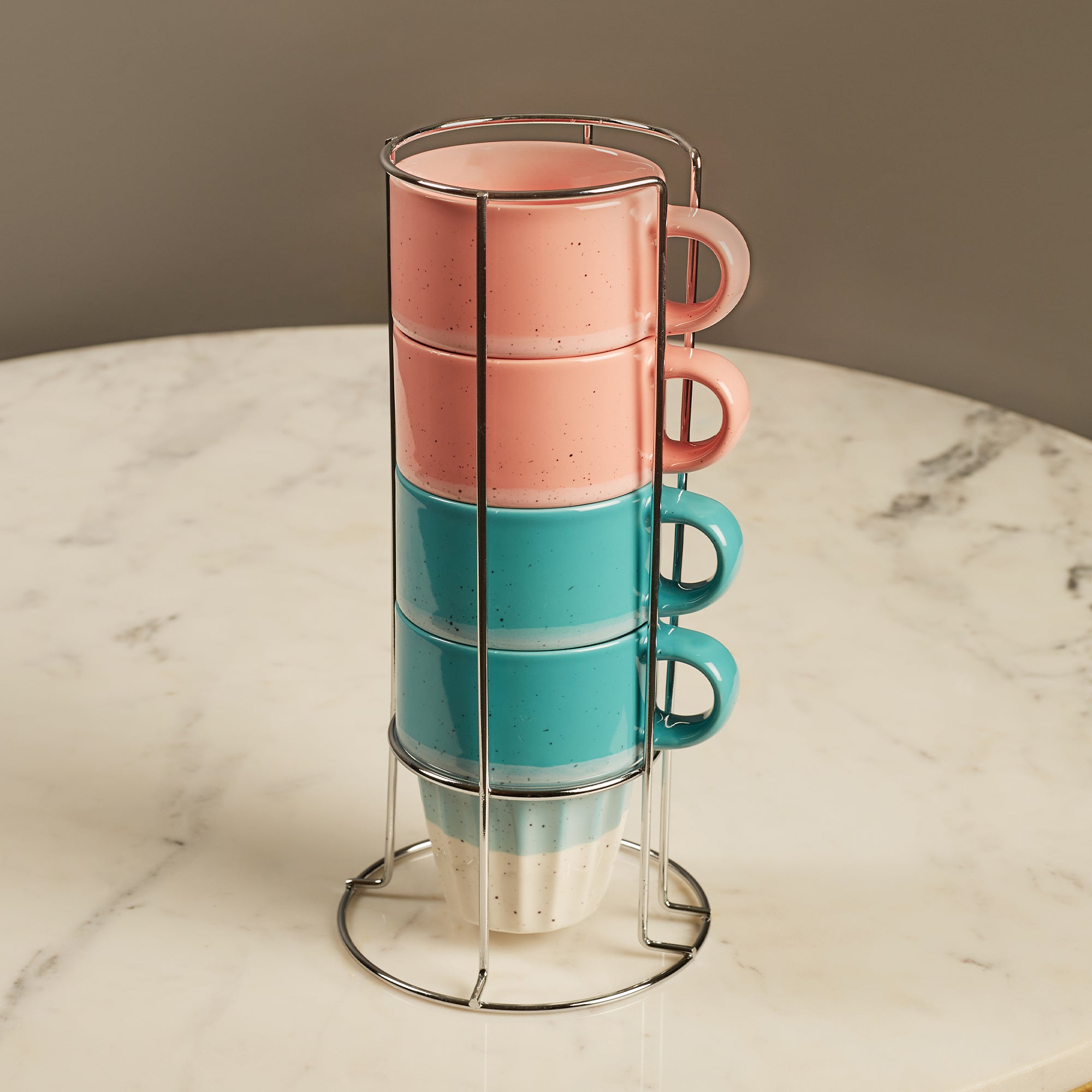 Emilia Ceramic Coffee Mugs Set Of 4 With Metal Stand in Blue & Pink Colour