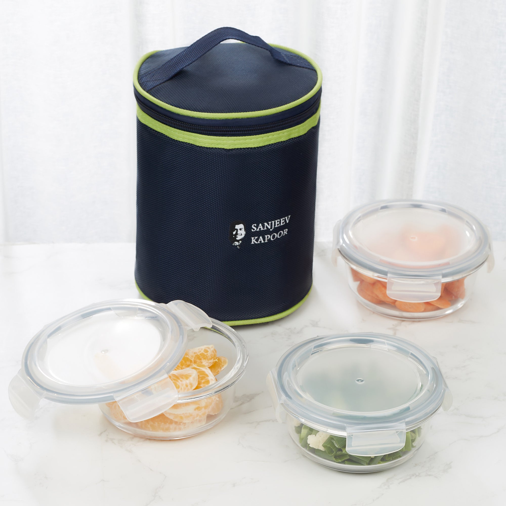 Boston Borosilicate Glass Microwave Safe Round Lunch box 400ml Set of 3 + Carry Bag in Blue Colour