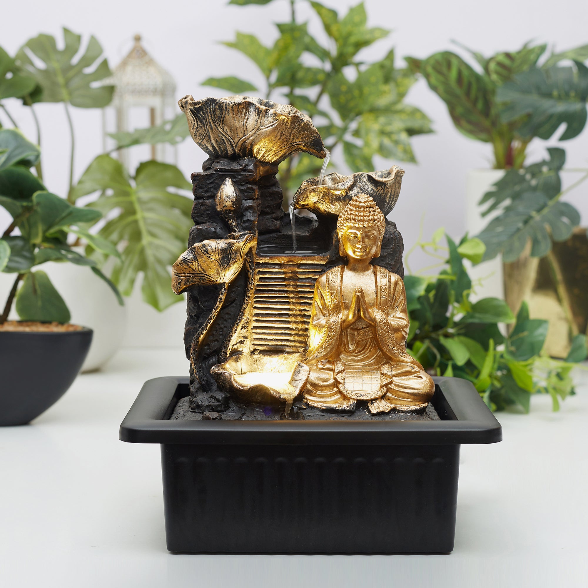 Impression Polyresin Buddha Petal Water Fountain 21x17x25 Cm in Antique Gold Colour