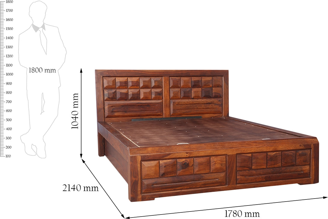 Woodrow Sheesham Wood(Rosewood) Queen bed with Hydraulic storage in Honey Colour