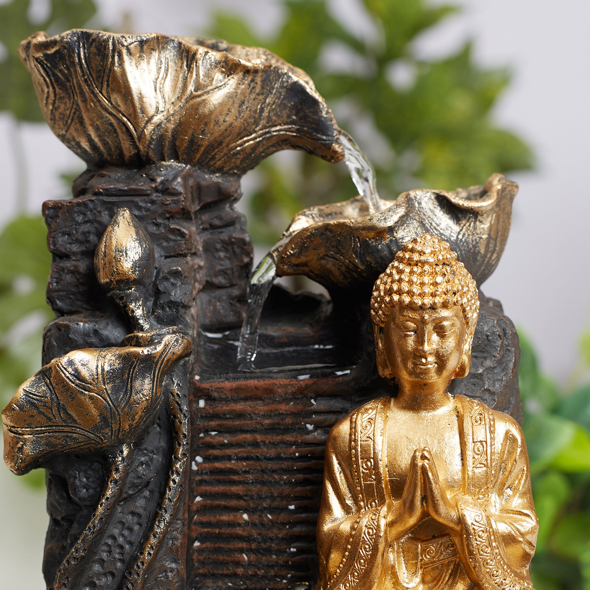 Impression Polyresin Buddha Petal Water Fountain 21x17x25 Cm in Antique Gold Colour