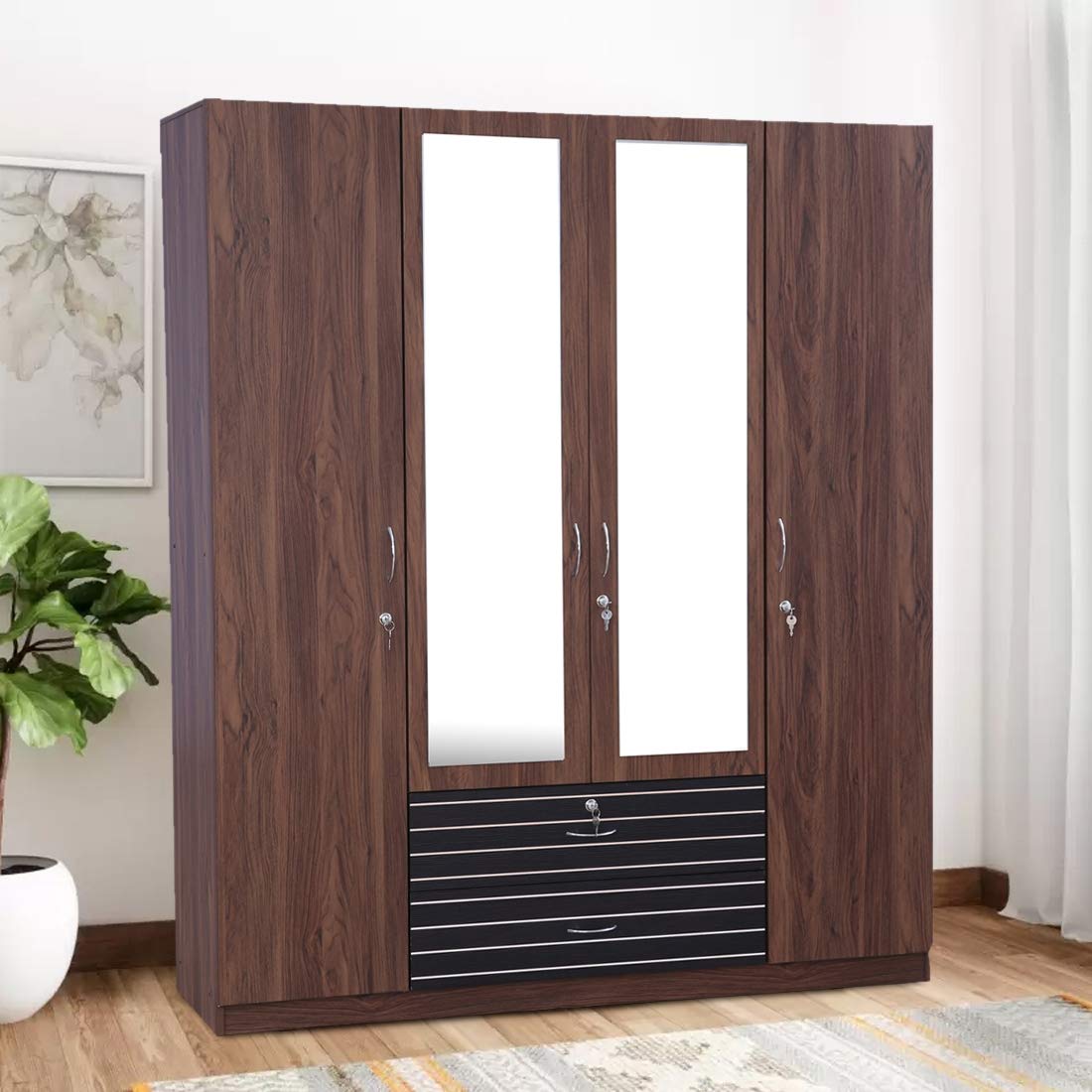 Molly Engineered Wood Four Door Wardrobe with Mirror in Walnut Finish