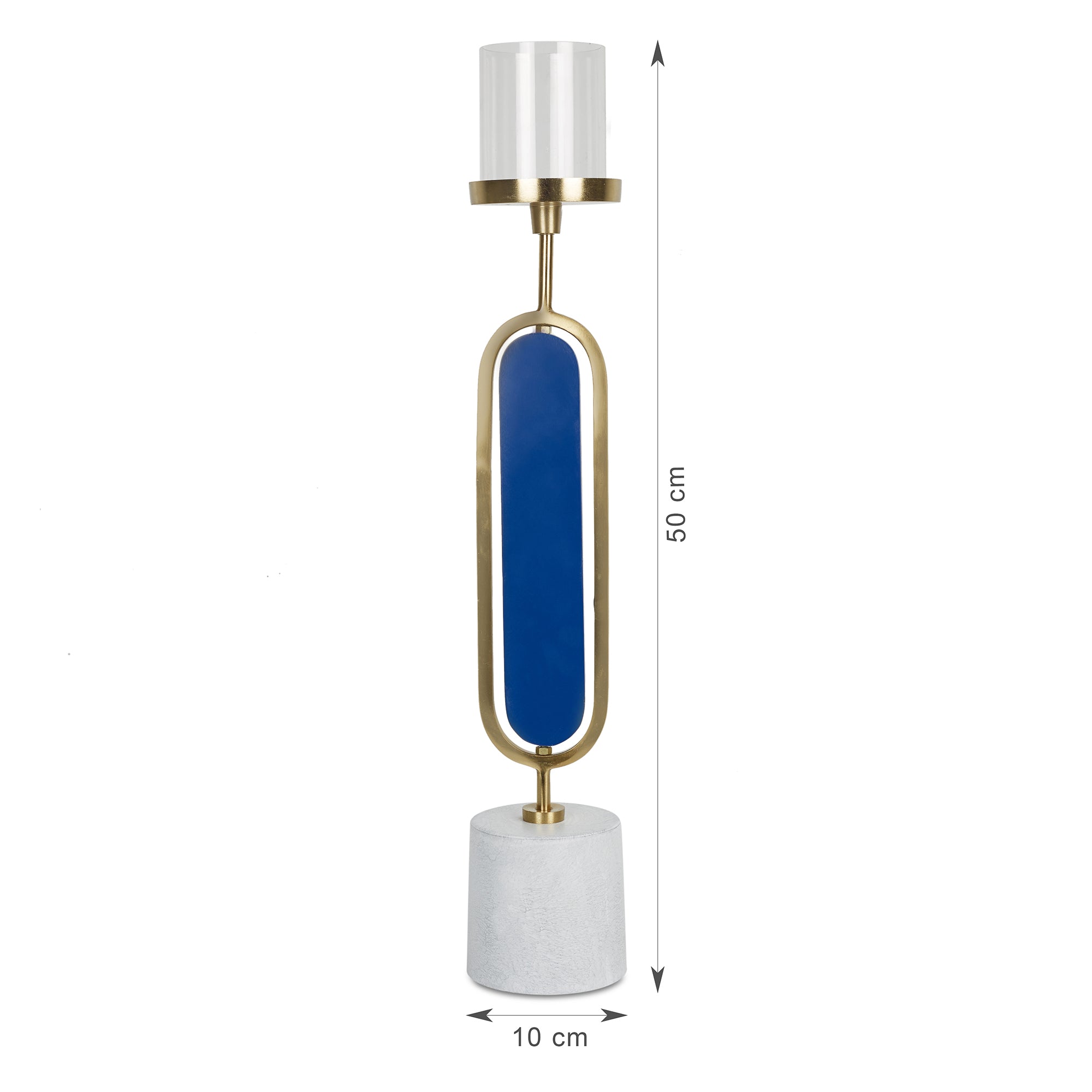 Athena Wood, Metal and Glass Oval Candle Holder 10x50 Cm in Navy Blue Colour