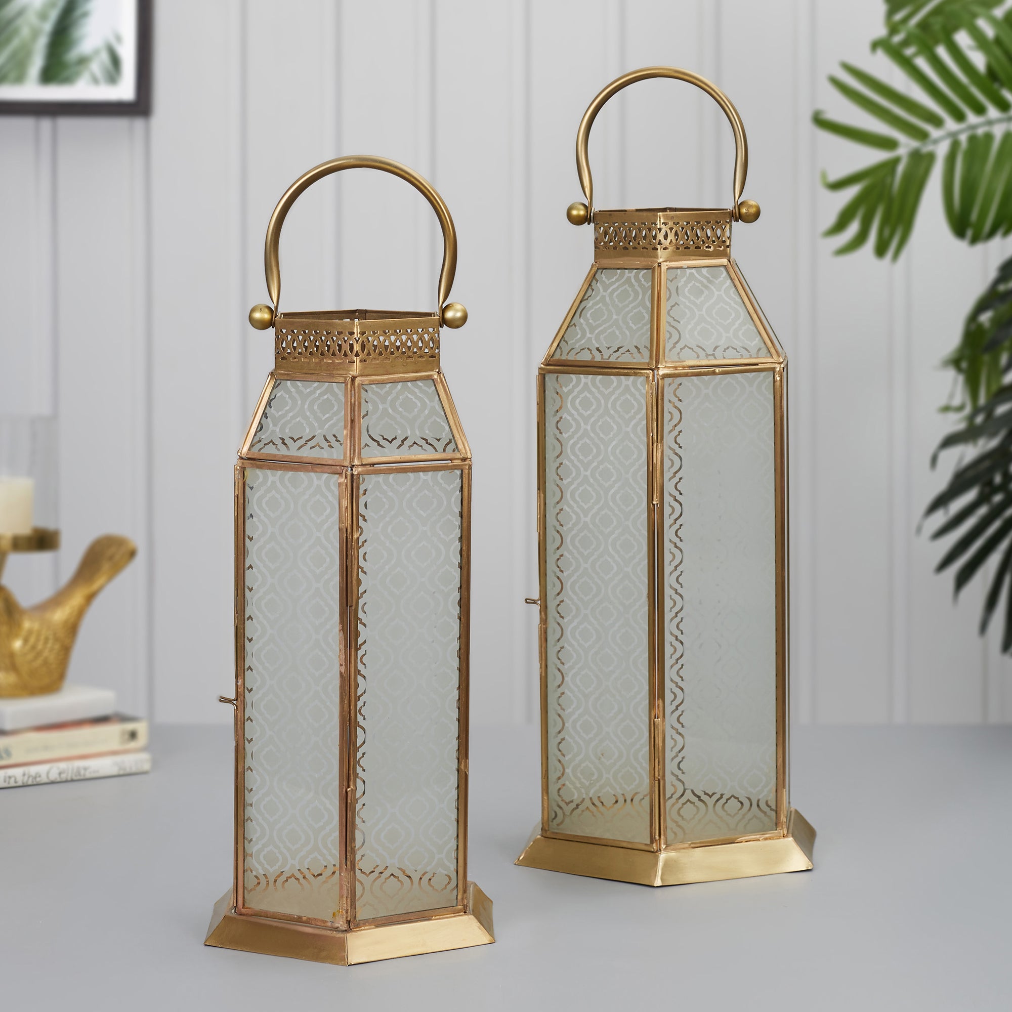 Apollo Iron and Glass Hexagon Lantern 19x37 Cm in Emerald & Gold Colour