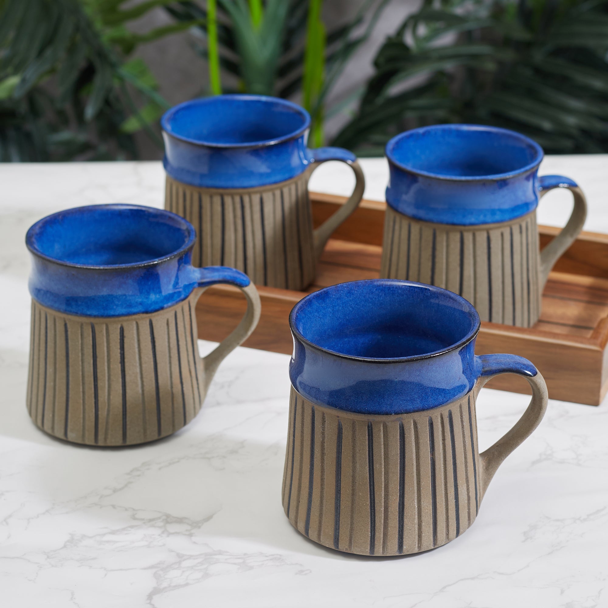 Fiesta Studio Pottery Unico Coffee Mug 300 ML Set of 4 in Cobalt & Brown Colour