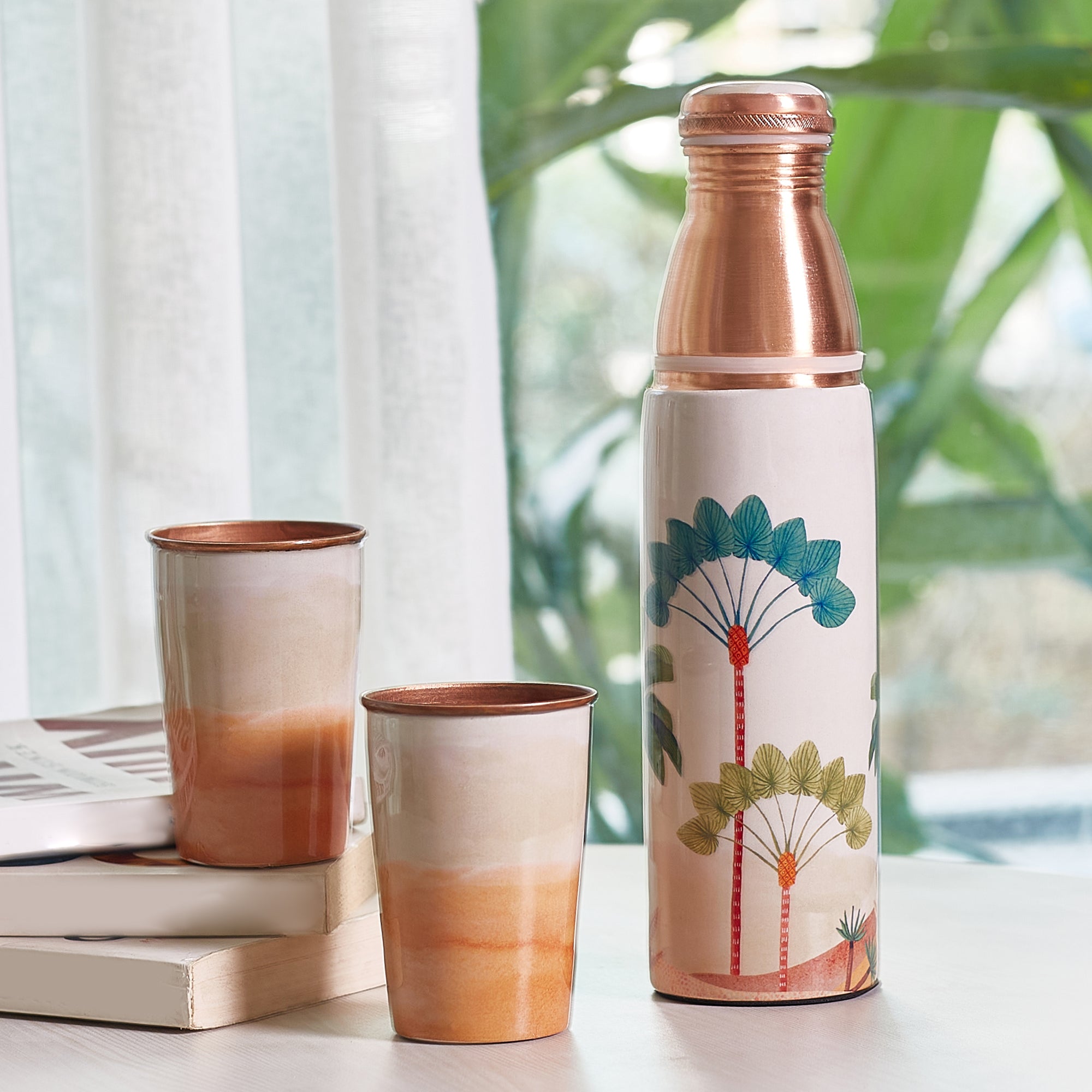 Oasis Copper Copper Bottle (1 Liter) & Tumbler (300ml) Set of 3 in Multi Colour