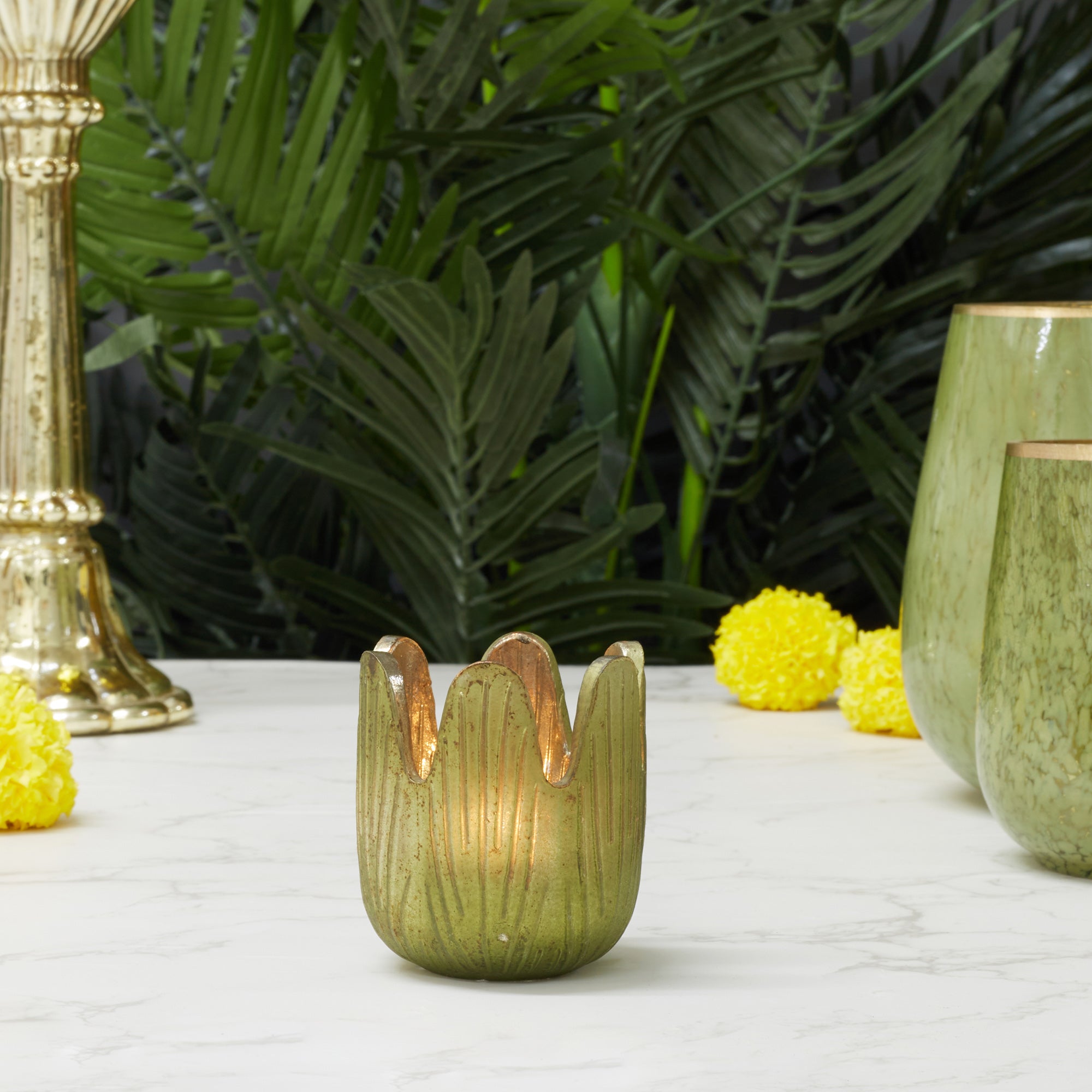 Phiona Glass Lotus Inspired Handcrafted Votive 70 Cm in Emerald Colour