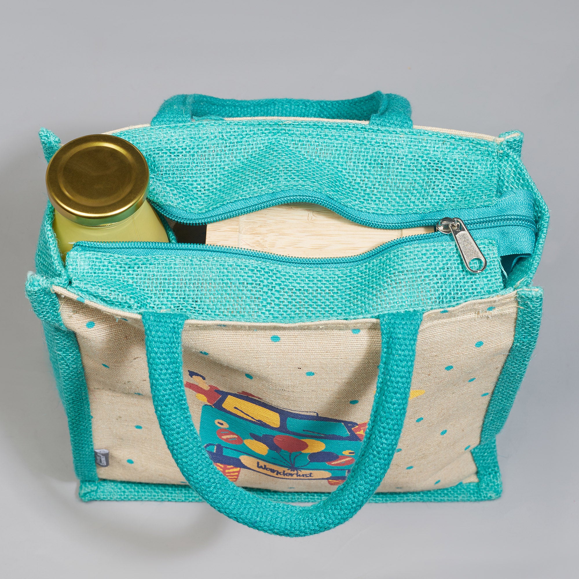 Good Life Jute Reversible Wanderlust Printed Lunch Bag 25.5 x 25.5 Cm in Turq Colour