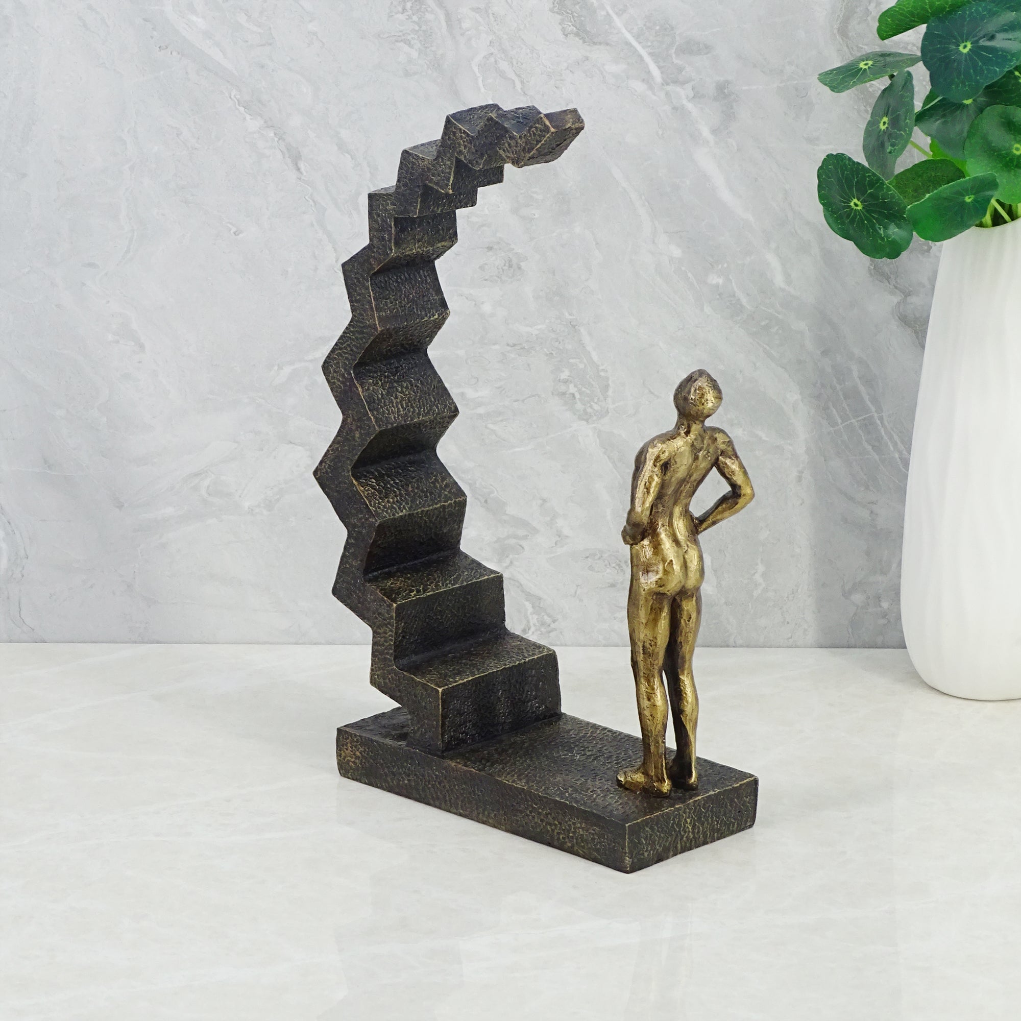 Willow Polyresin Man On Staircase 33 Cm in Brown And Gold Colour