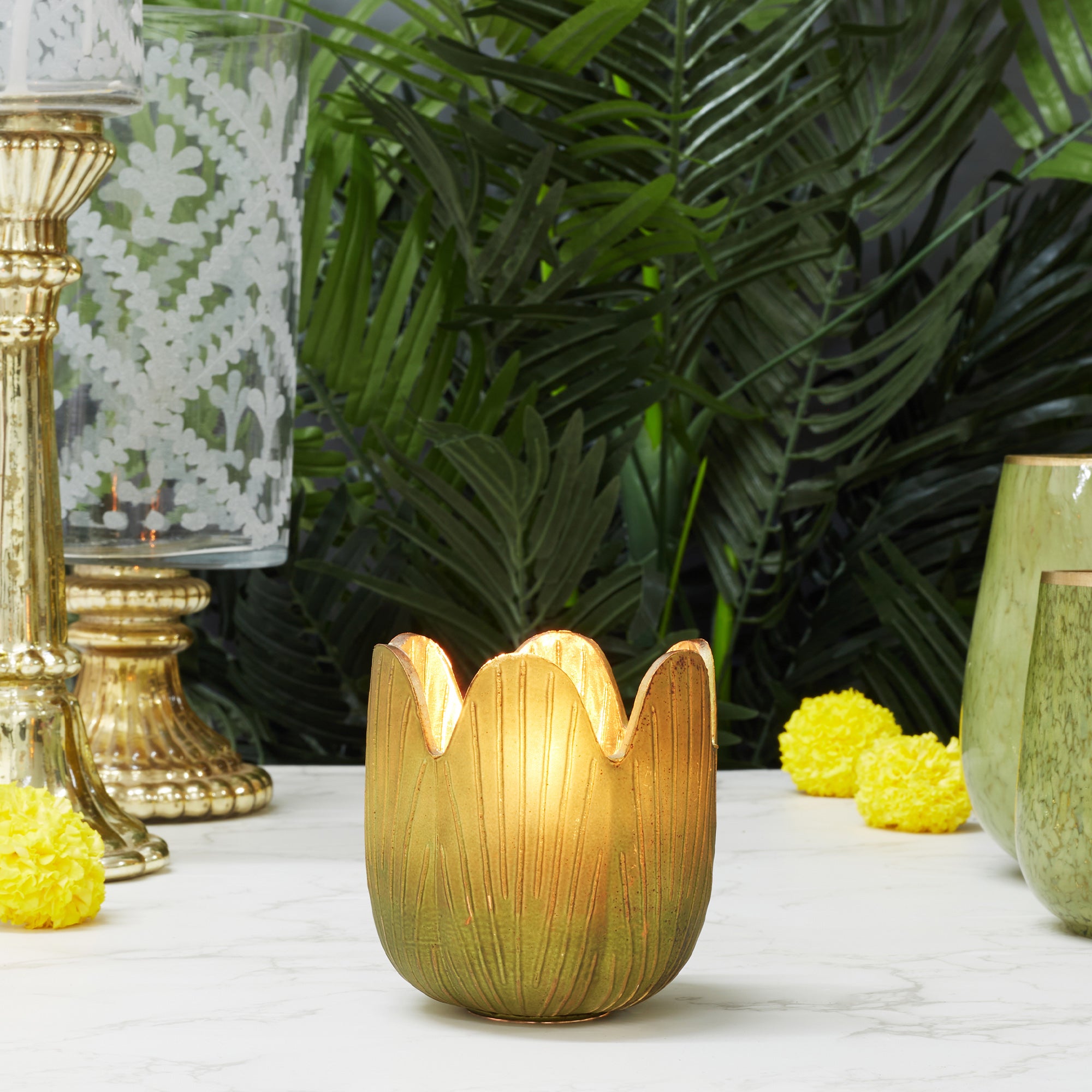 Phiona Glass Lotus Inspired Handcrafted Votive 10 Cm in Emerald Colour