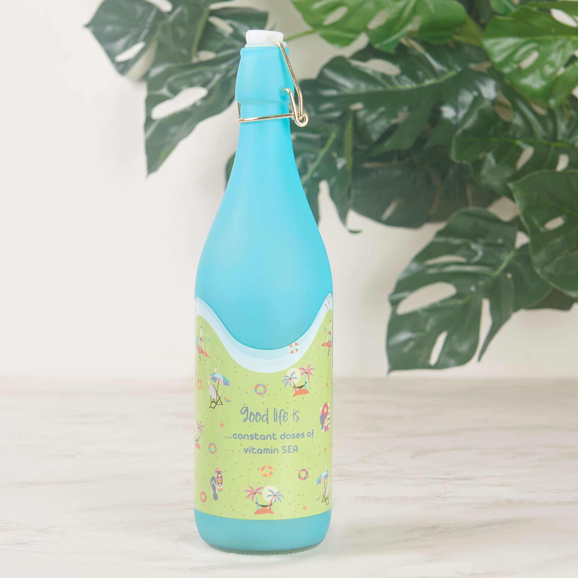 Good Life Glass Frosted Bottle 1 Ltr in Blue Colour