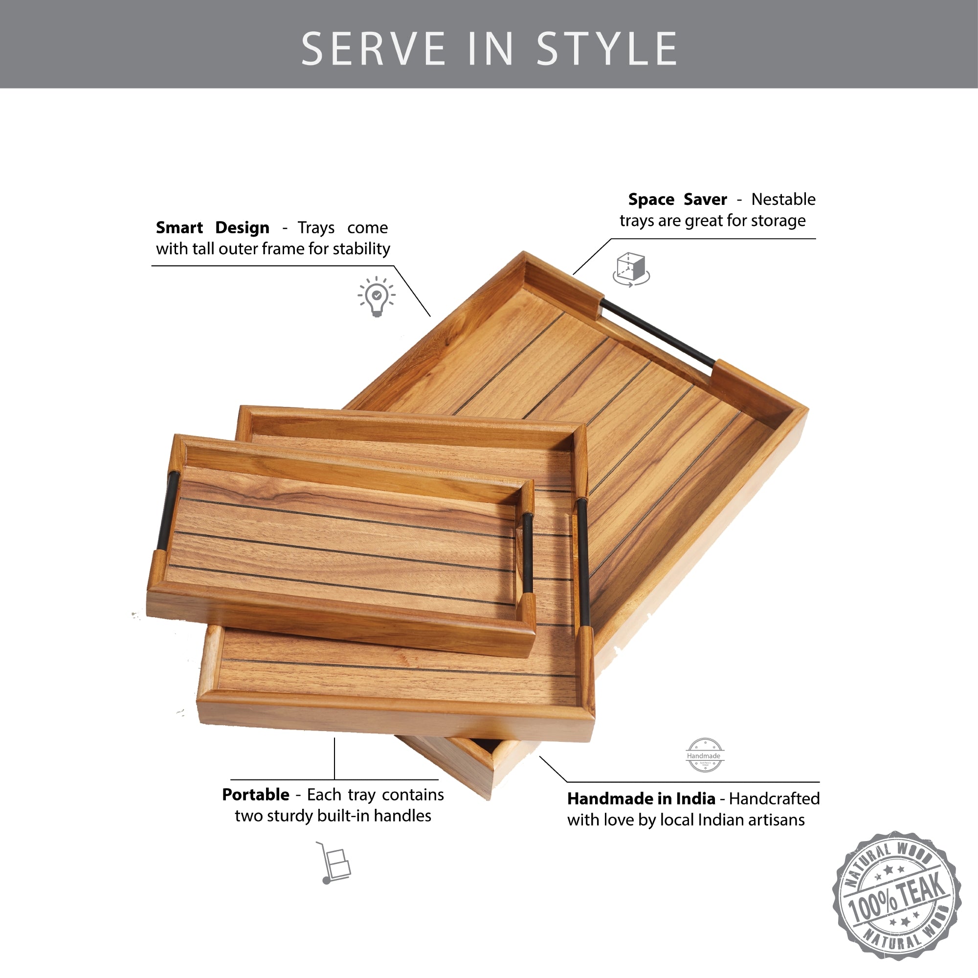 Beautiful Kitchen Metal and Wood Serving Tray Set of 3 in Brown Colour