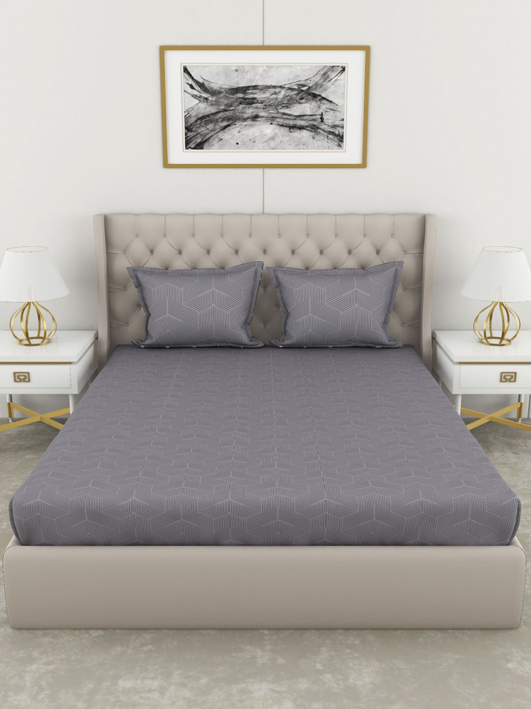 Botanical Cotton King Bed Sheet 274X274 Cm 210 Tc in Grey Colour