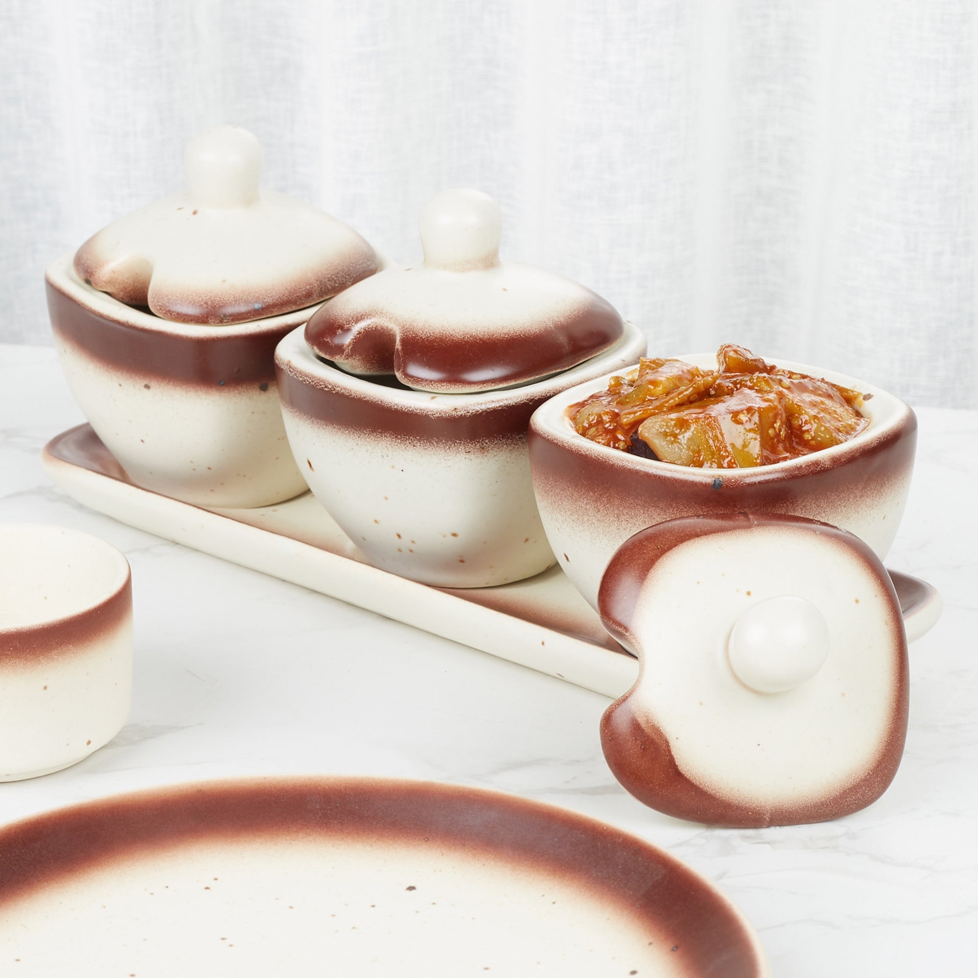 Beautiful Kitchen Studio Pottery Stoneware Condiment/Pickle Set of 3 in Beige Colour