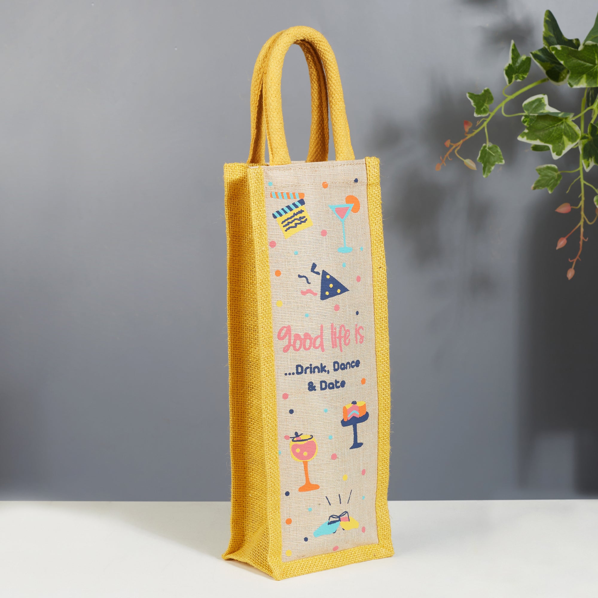 Good Life Jute Reversible Dessert Printed Bottle Bag 12 x 35.5 Cm in Yellow Colour