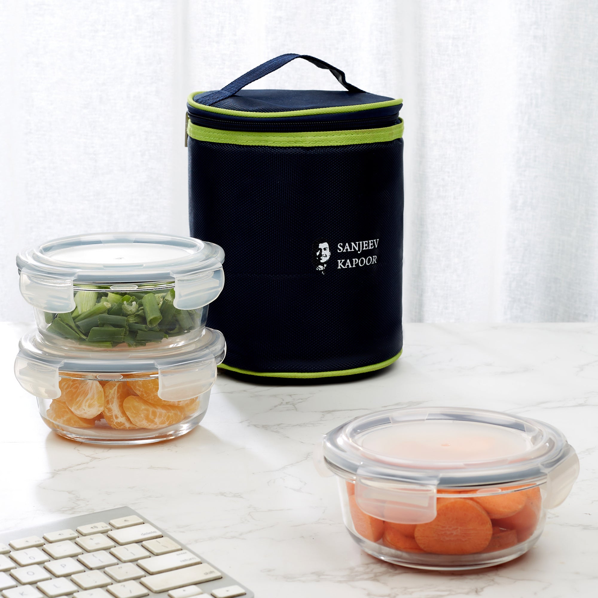 Boston Borosilicate Glass Microwave Safe Round Lunch box 400ml Set of 3 + Carry Bag in Blue Colour