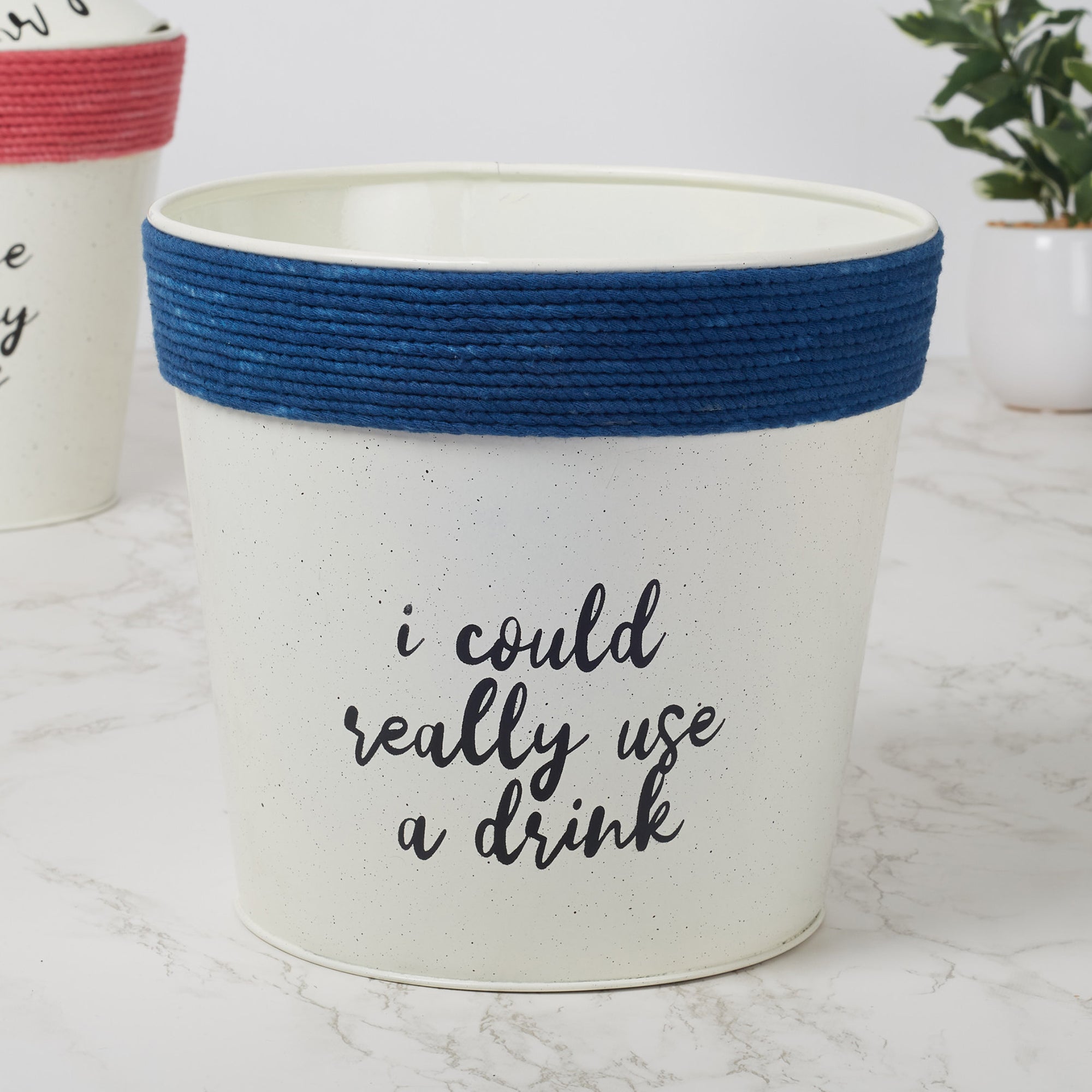 Pep Pop Metal Funky Quote Planter 19Cm in Off White & Indigo Colour