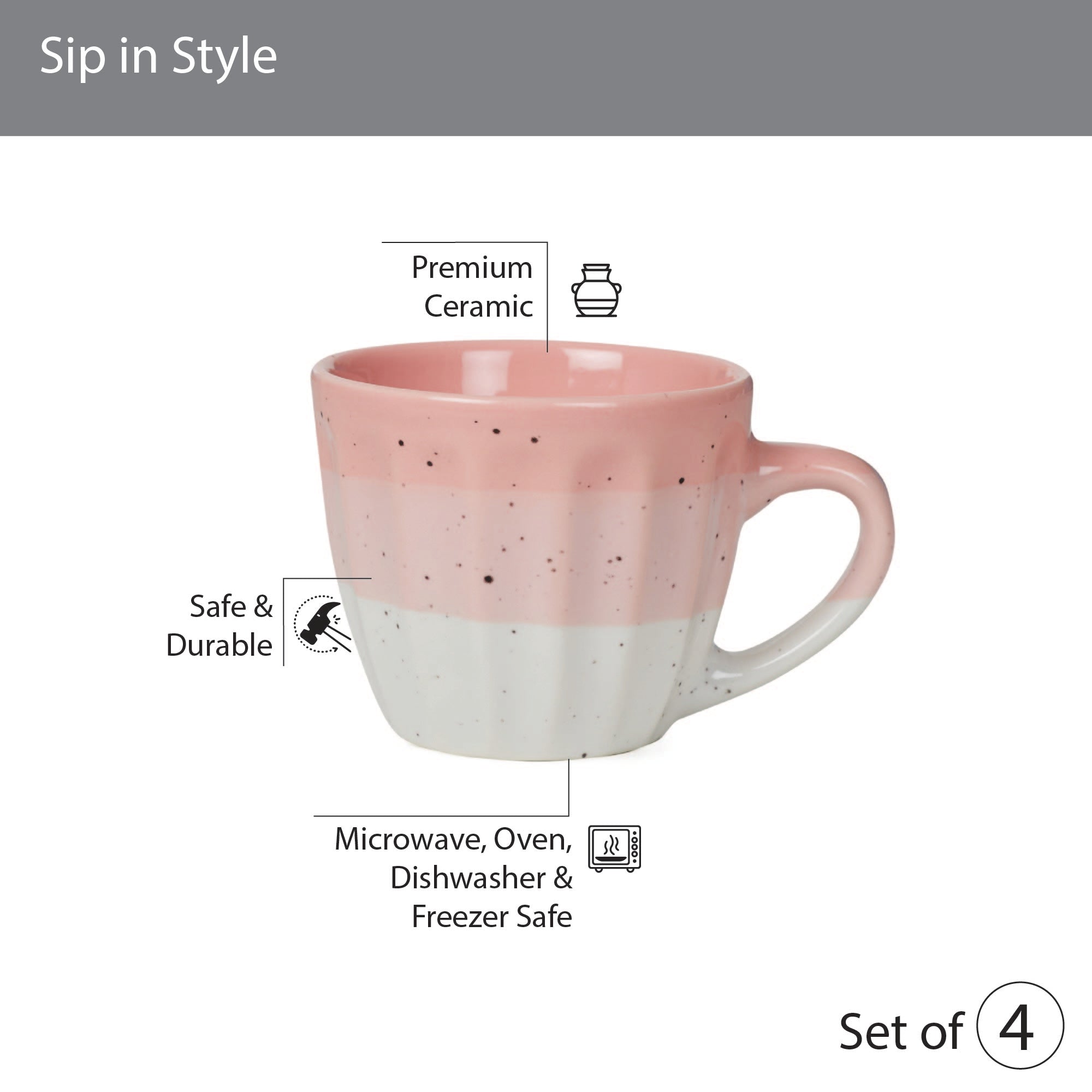 Emilia Ceramic Tea/Espresso Mug 100ml Set of 4 in Dusky Pink Colour